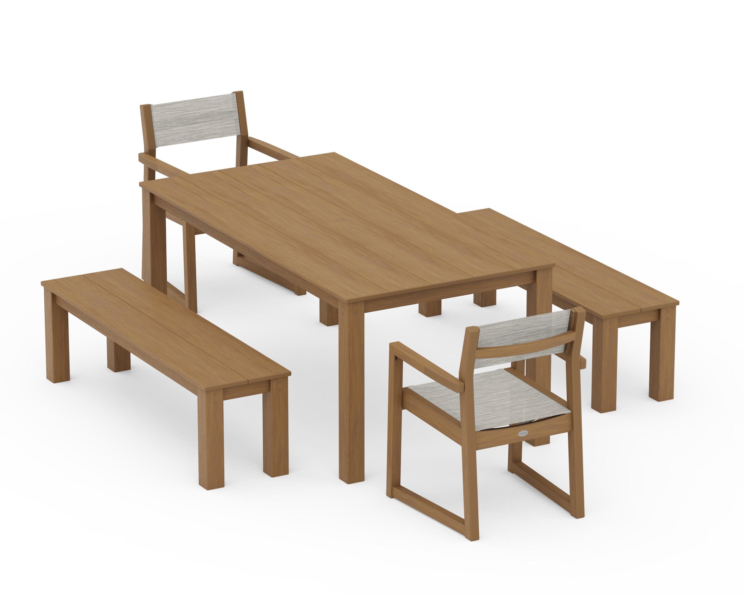 EDGE Sling Arm Chair 5-Piece Parsons Dining Set with Benches in Natural / Birch Sling