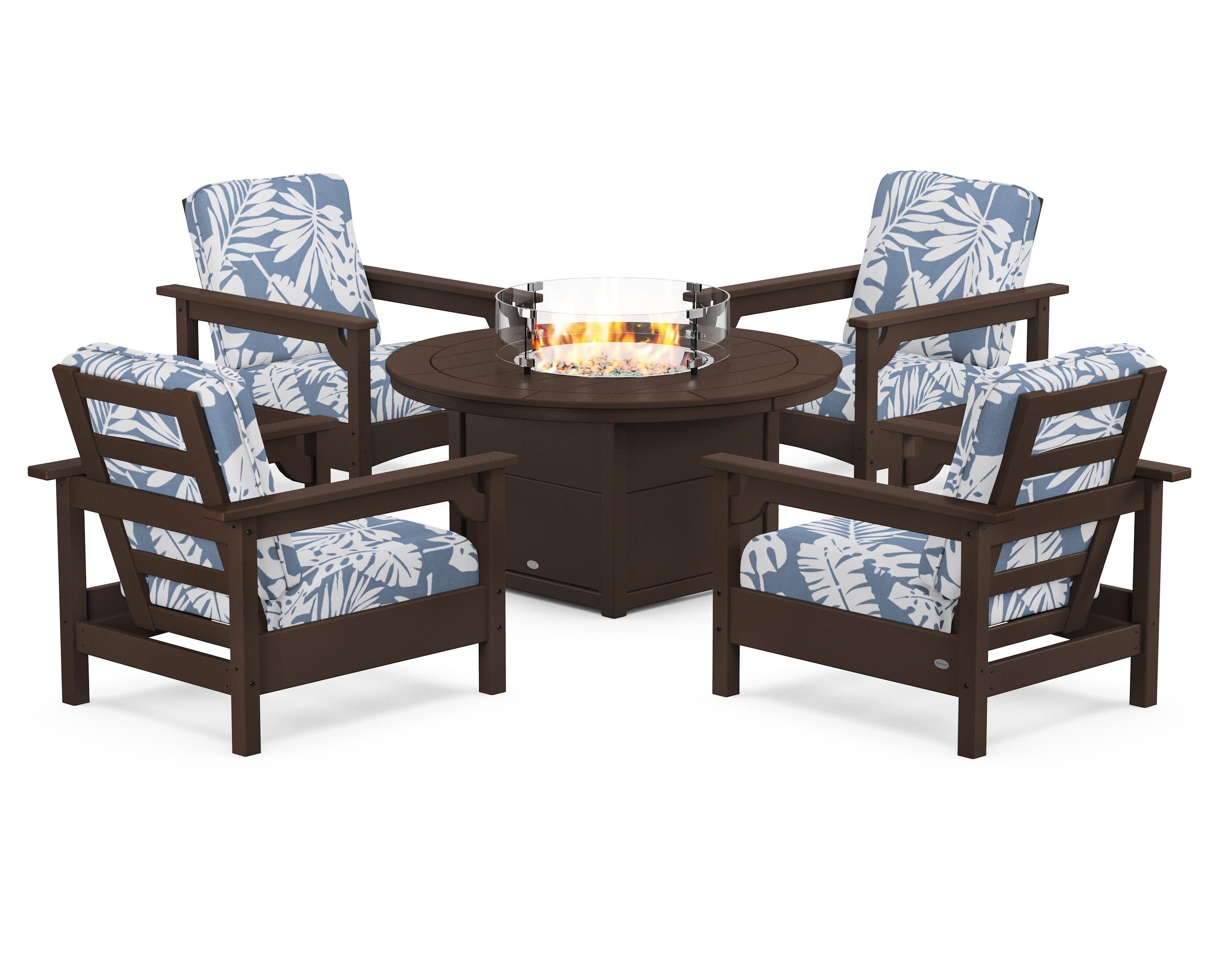Club 5-Piece Conversation Set with Fire Pit Table in Mahogany / Leaf Sky Blue