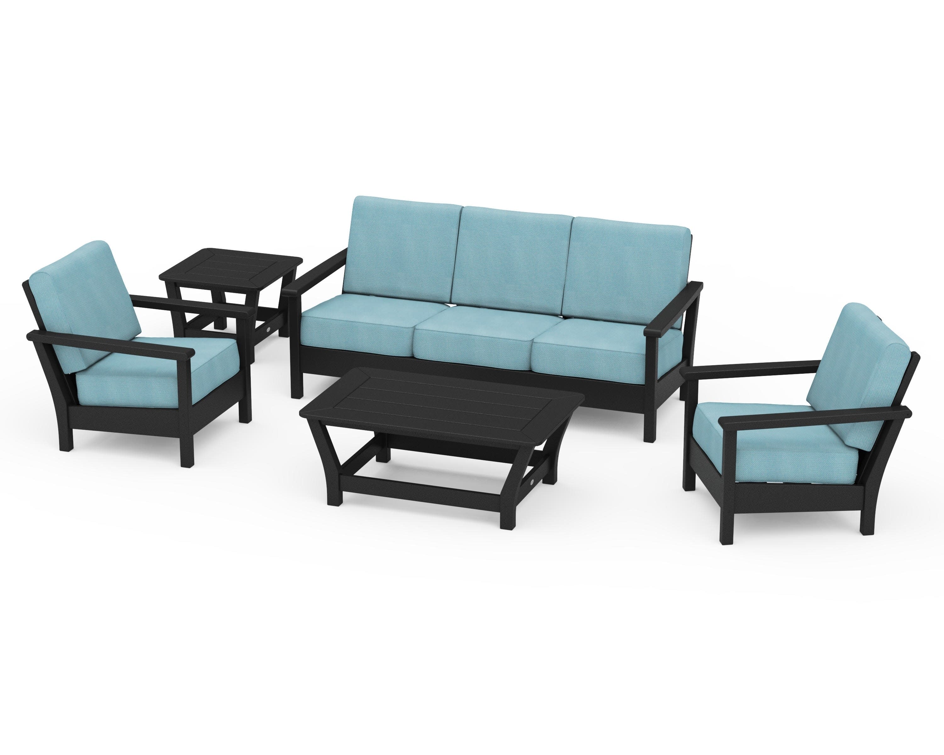 Harbour 5-Piece Deep Seating Set in Black / Lattice Sky Blue