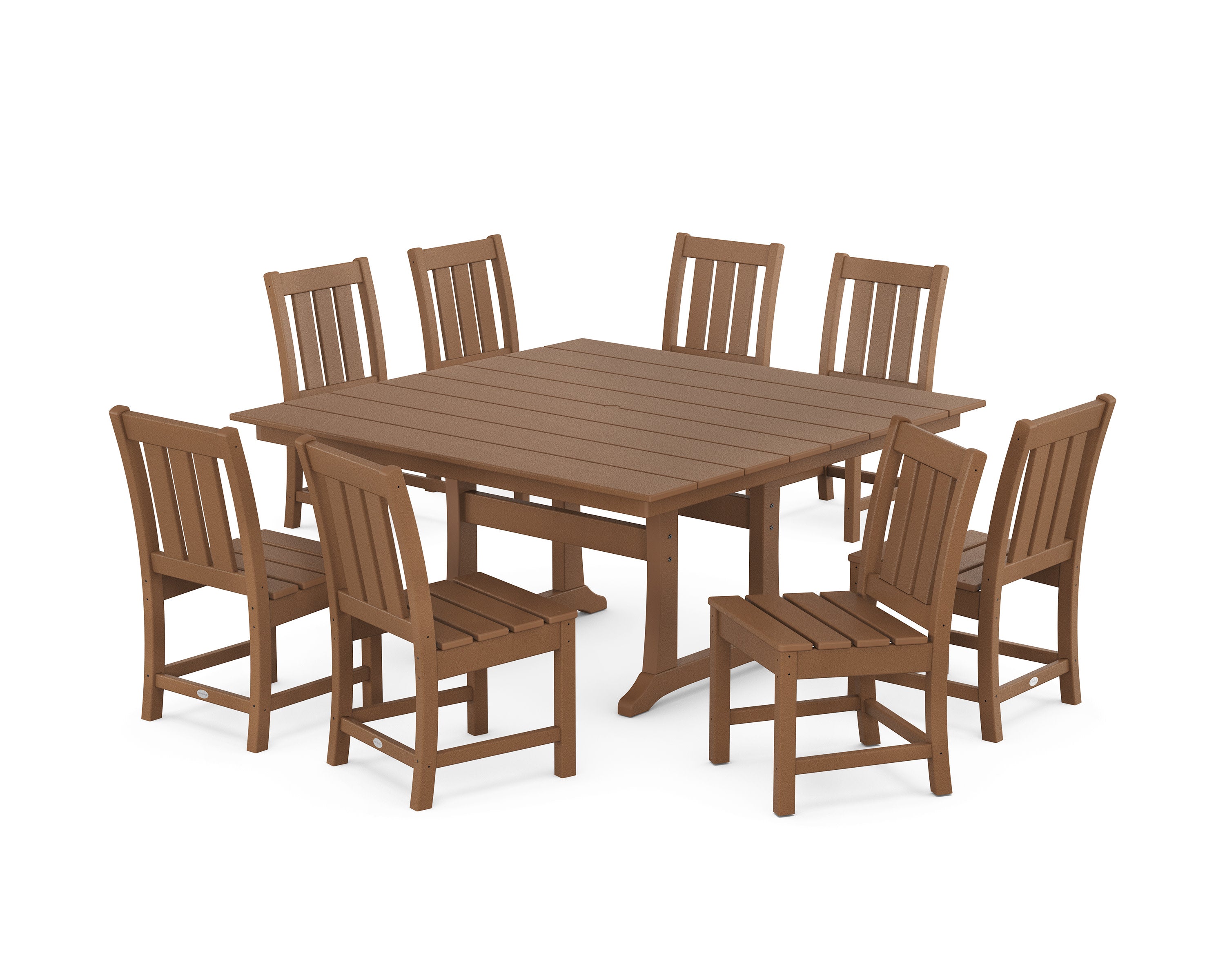 Oxford Side Chair 9-Piece Square Farmhouse Dining Set with Trestle Legs in Teak