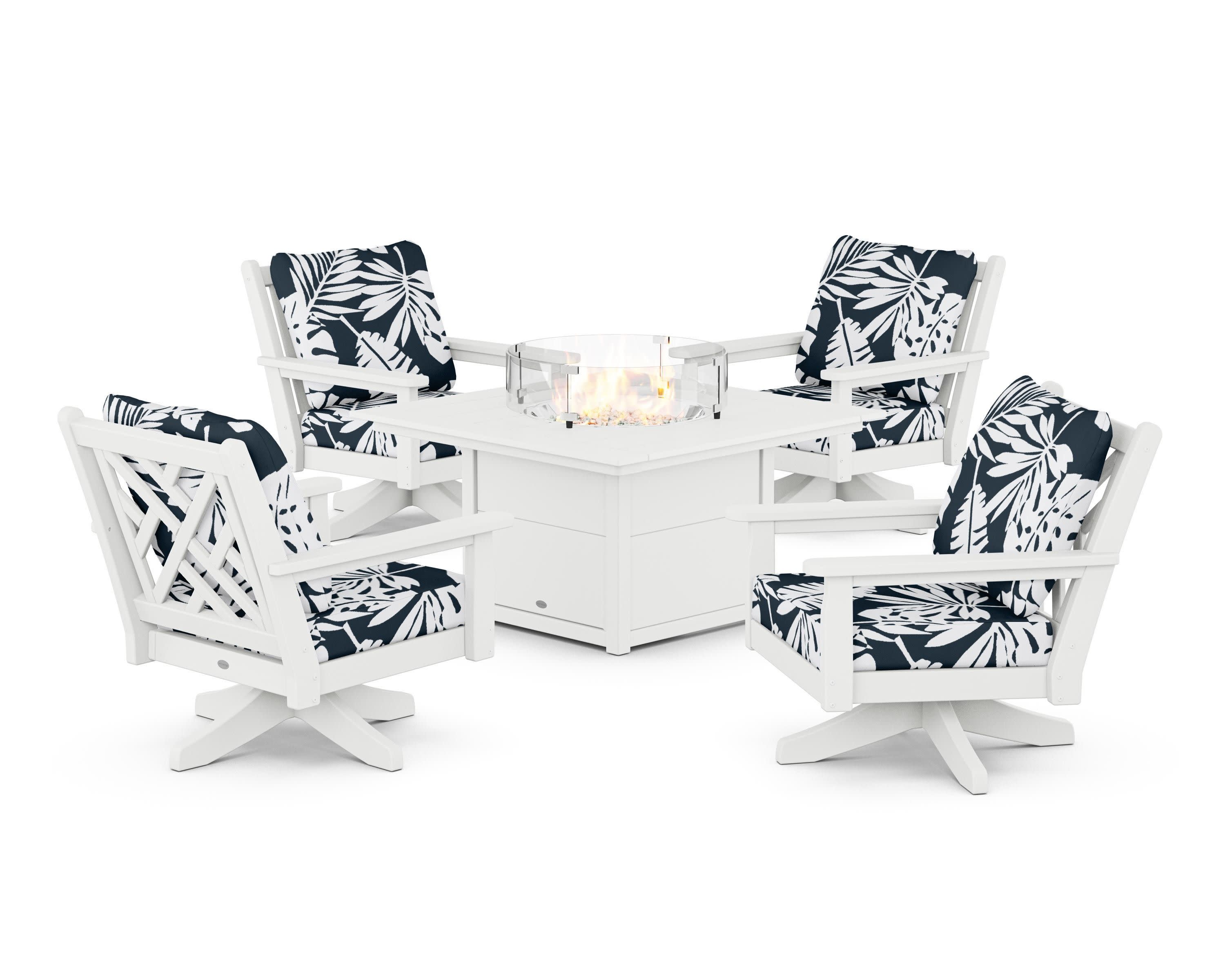 Chippendale 5-Piece Deep Seating Swivel Conversation Set with Fire Pit Table in White / Leaf Marine Indigo