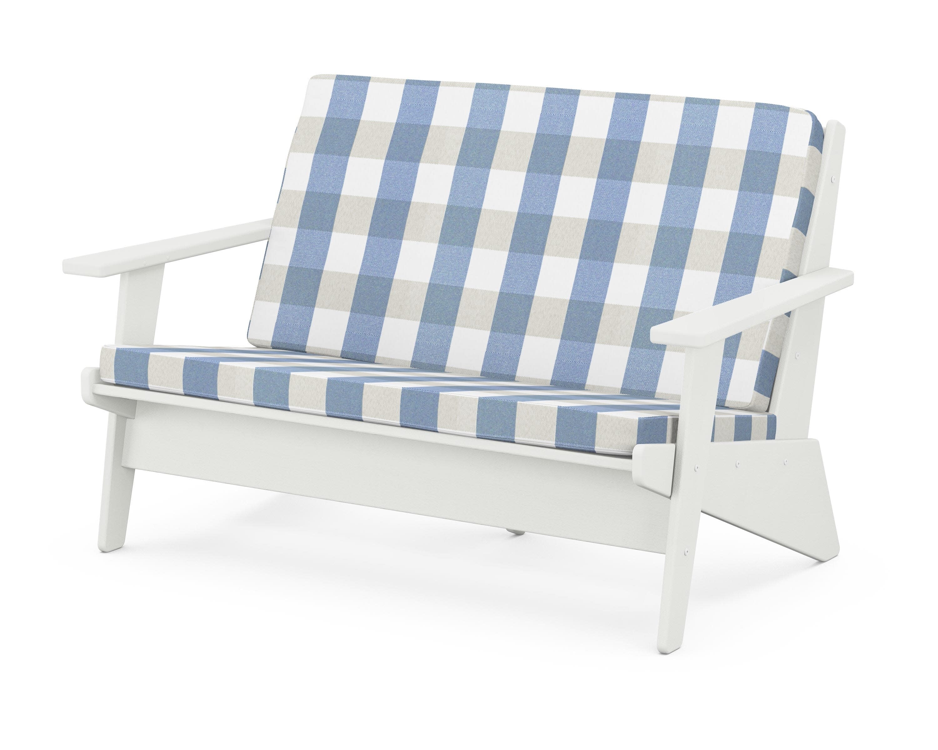 Riviera Modern Lounge Loveseat in Vintage White / Buffalo Plaid Sky Blue