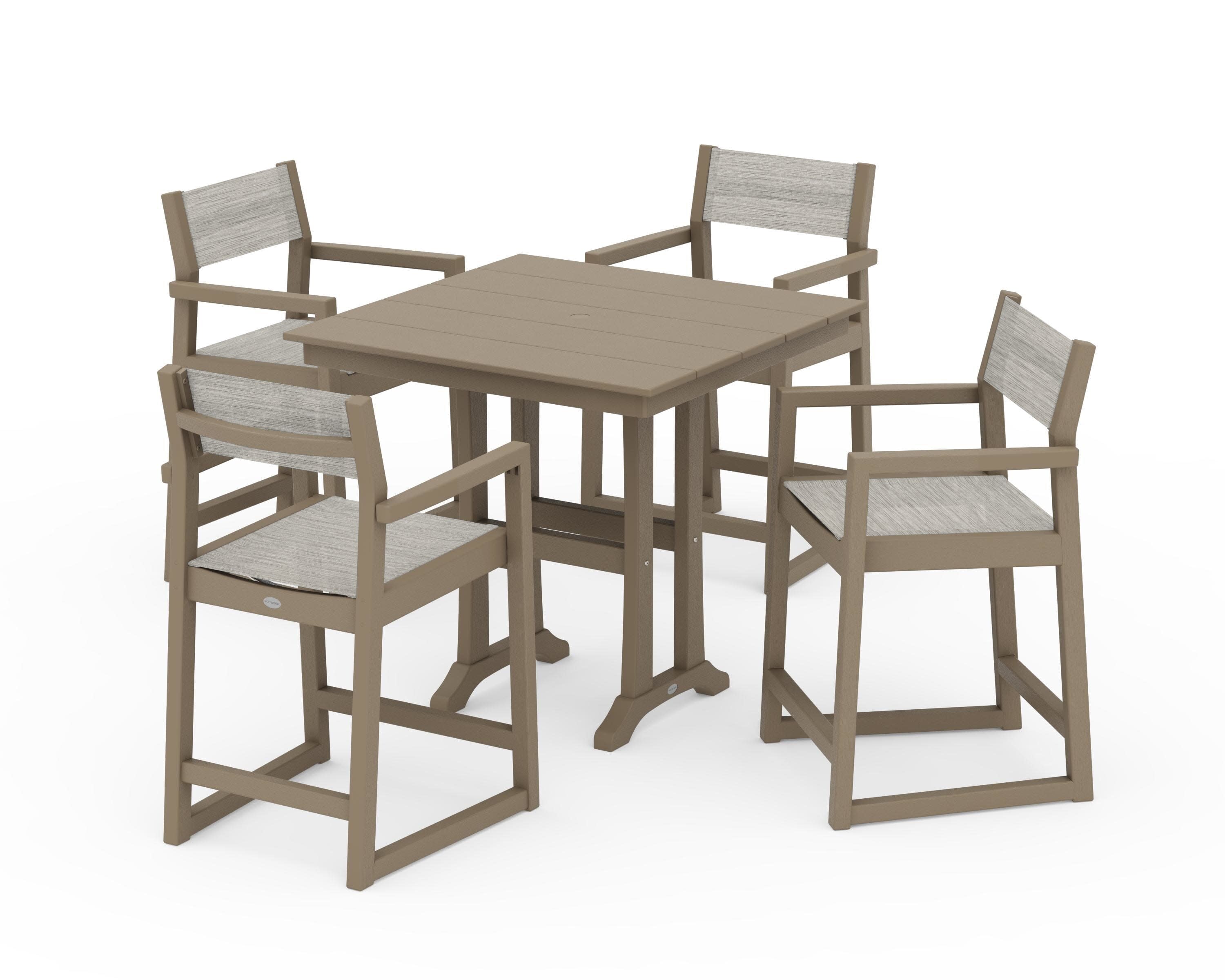 EDGE Sling Arm Chair 5-Piece Farmhouse Counter Set with Trestle Legs in Vintage Sahara / Birch Sling
