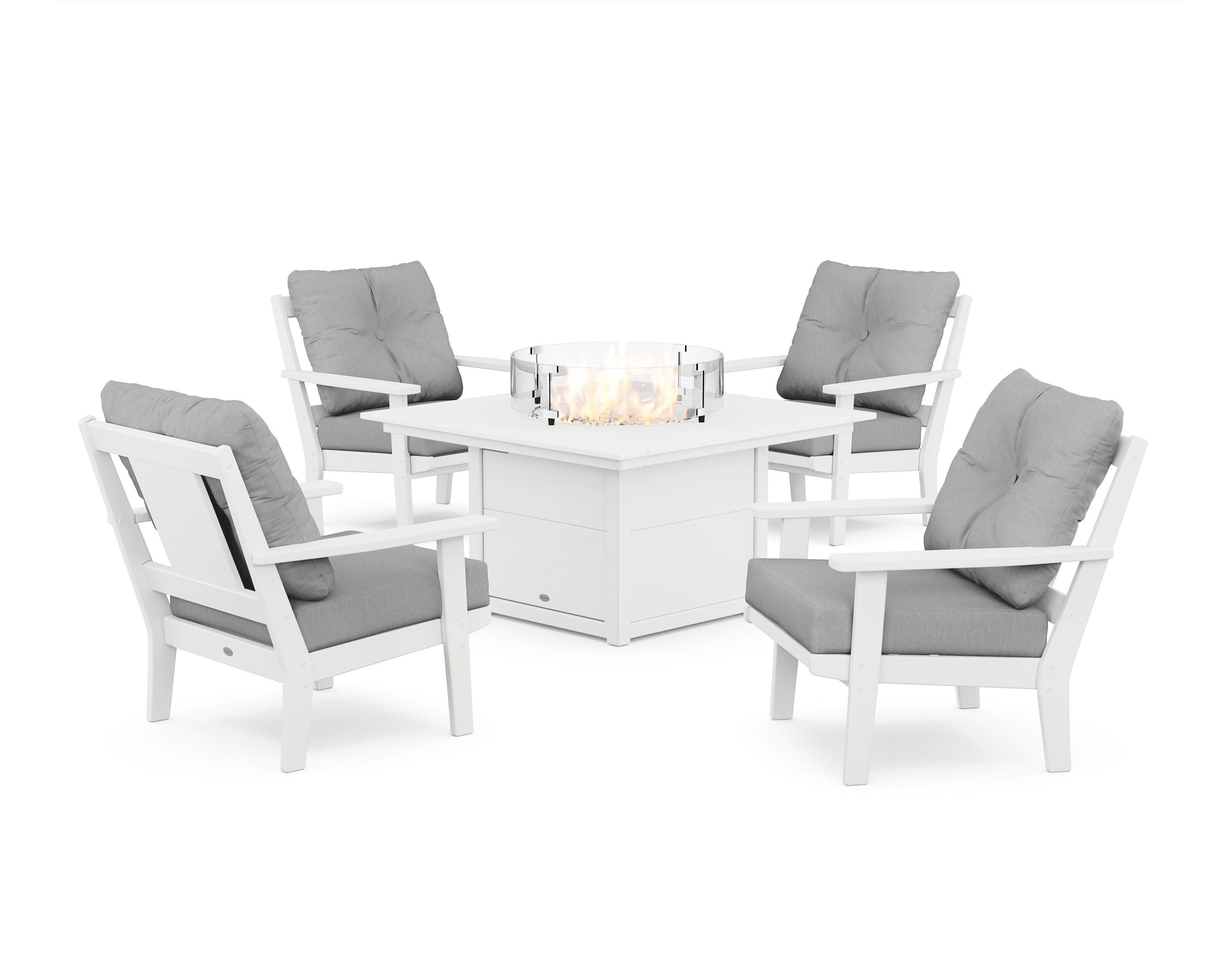 Prairie 5-Piece Deep Seating Set with Fire Pit Table in White / Granite