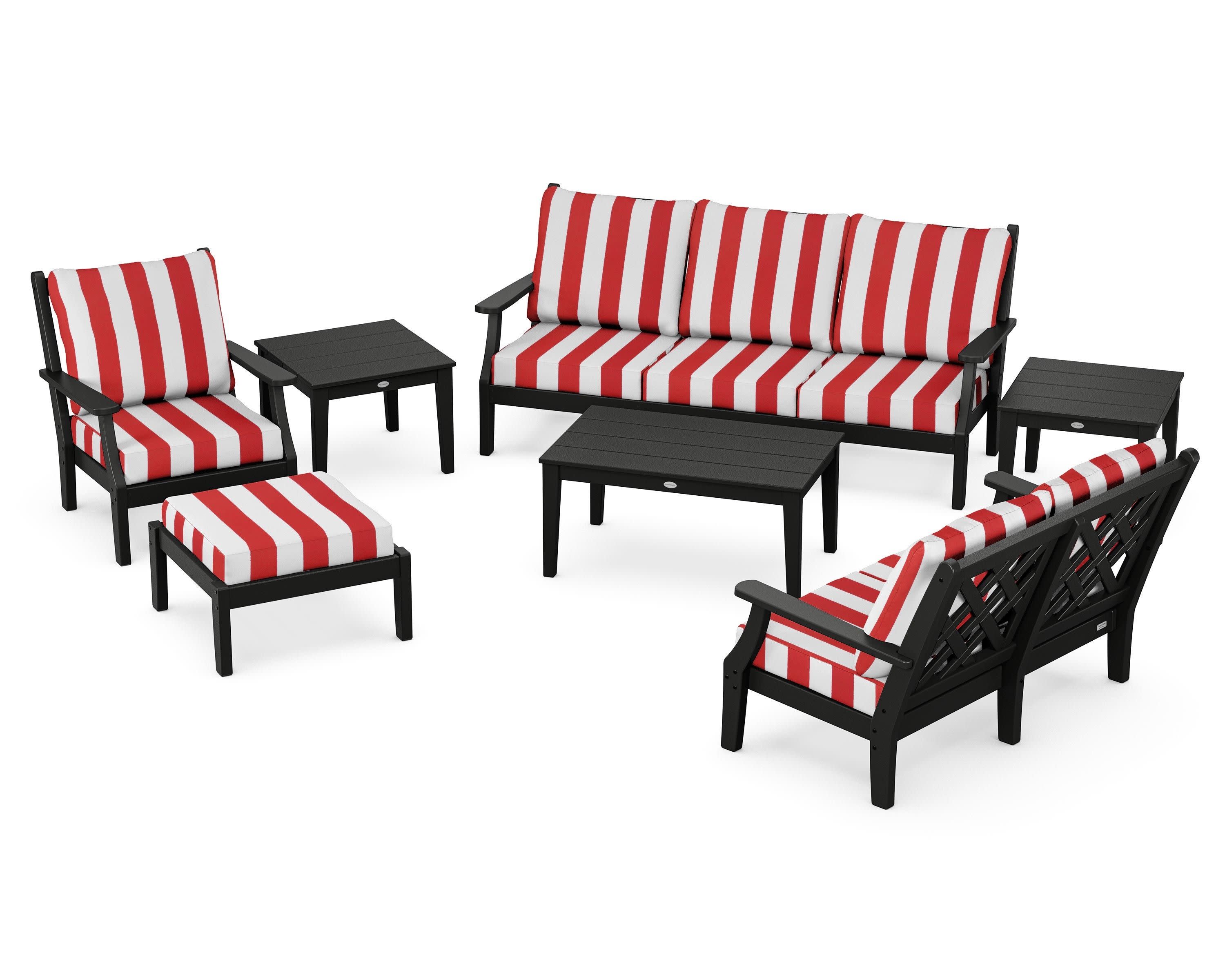 Wovendale 7-Piece Deep Seating Set in Black / Cabana Stripe Crimson