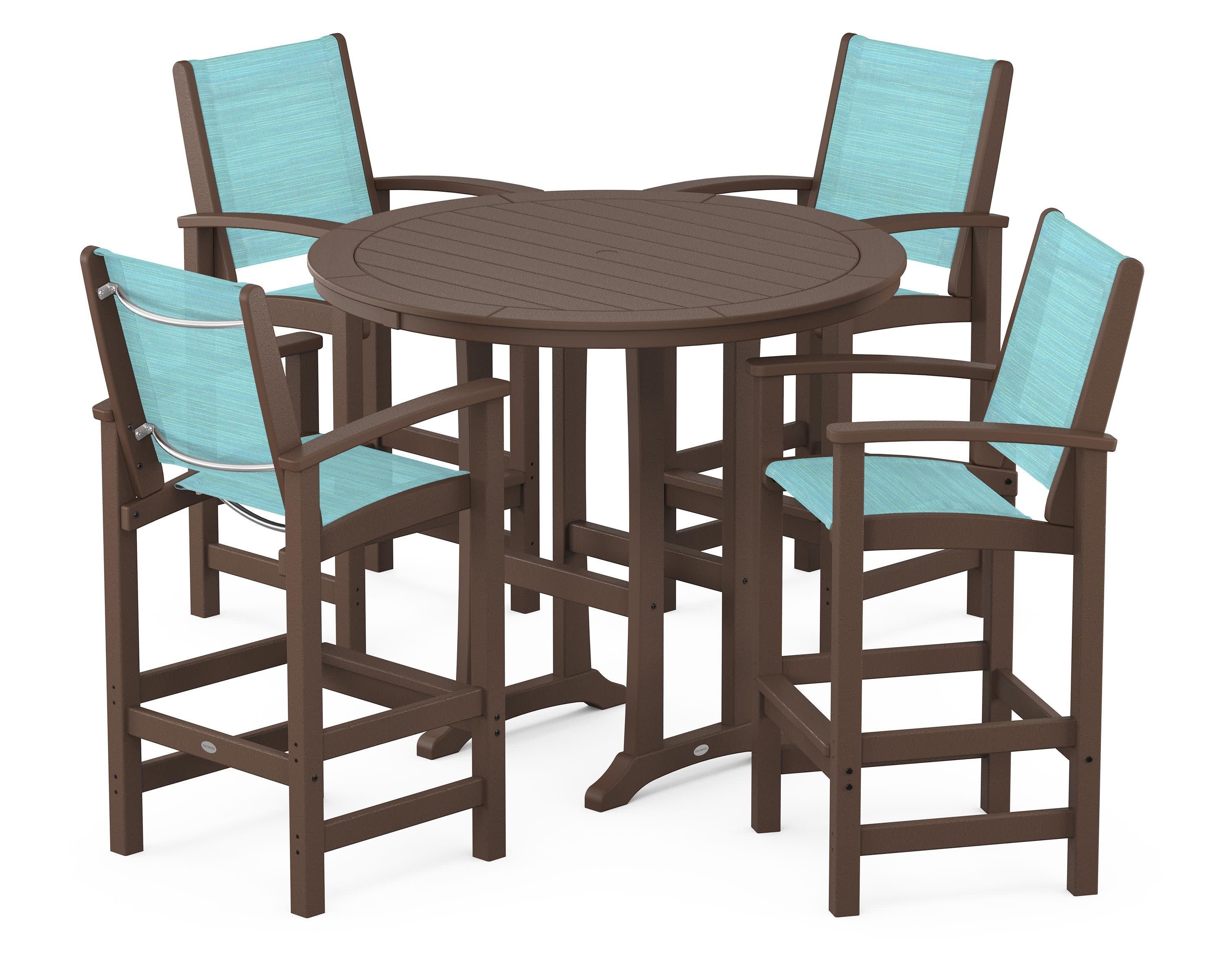 Coastal 5-Piece Nautical Trestle Bar Set in Mahogany / Dupioni Aquamarine Sling