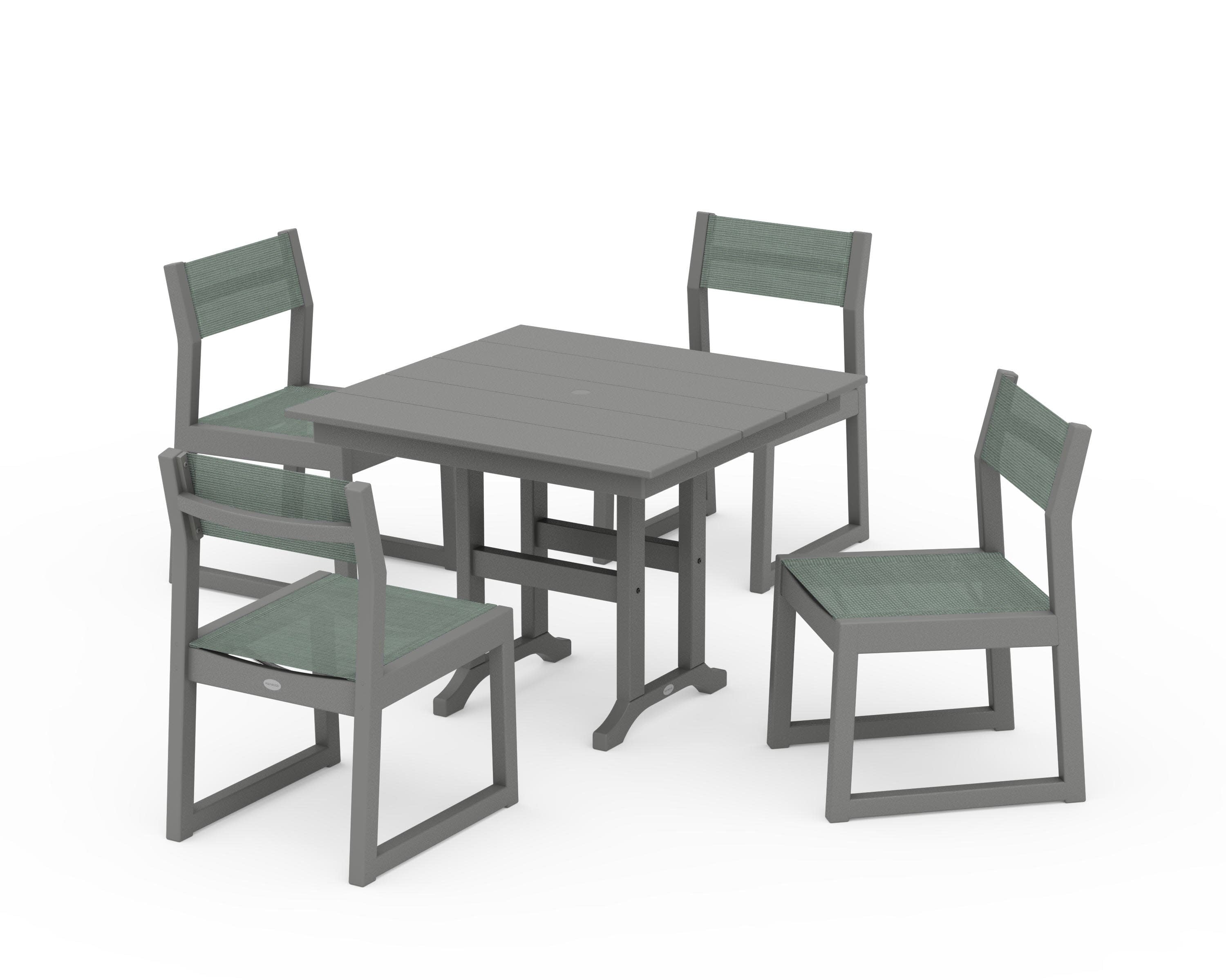 EDGE Sling Side Chair 5-Piece Farmhouse Dining Set in Slate Grey / Dupioni Sea Mist Sling