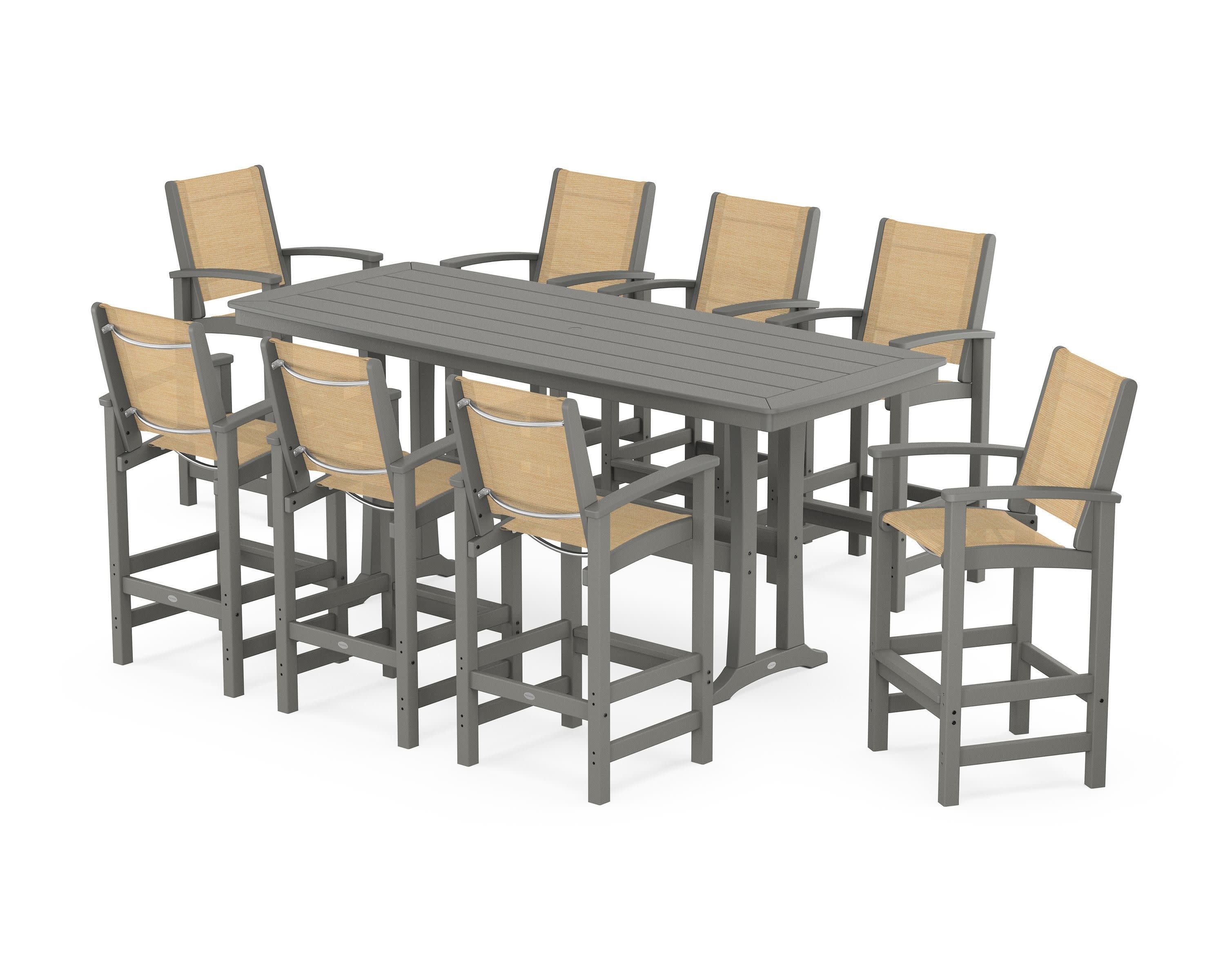 Coastal 9-Piece Bar Set with Trestle Legs in Slate Grey / Dupioni Apricot Sling