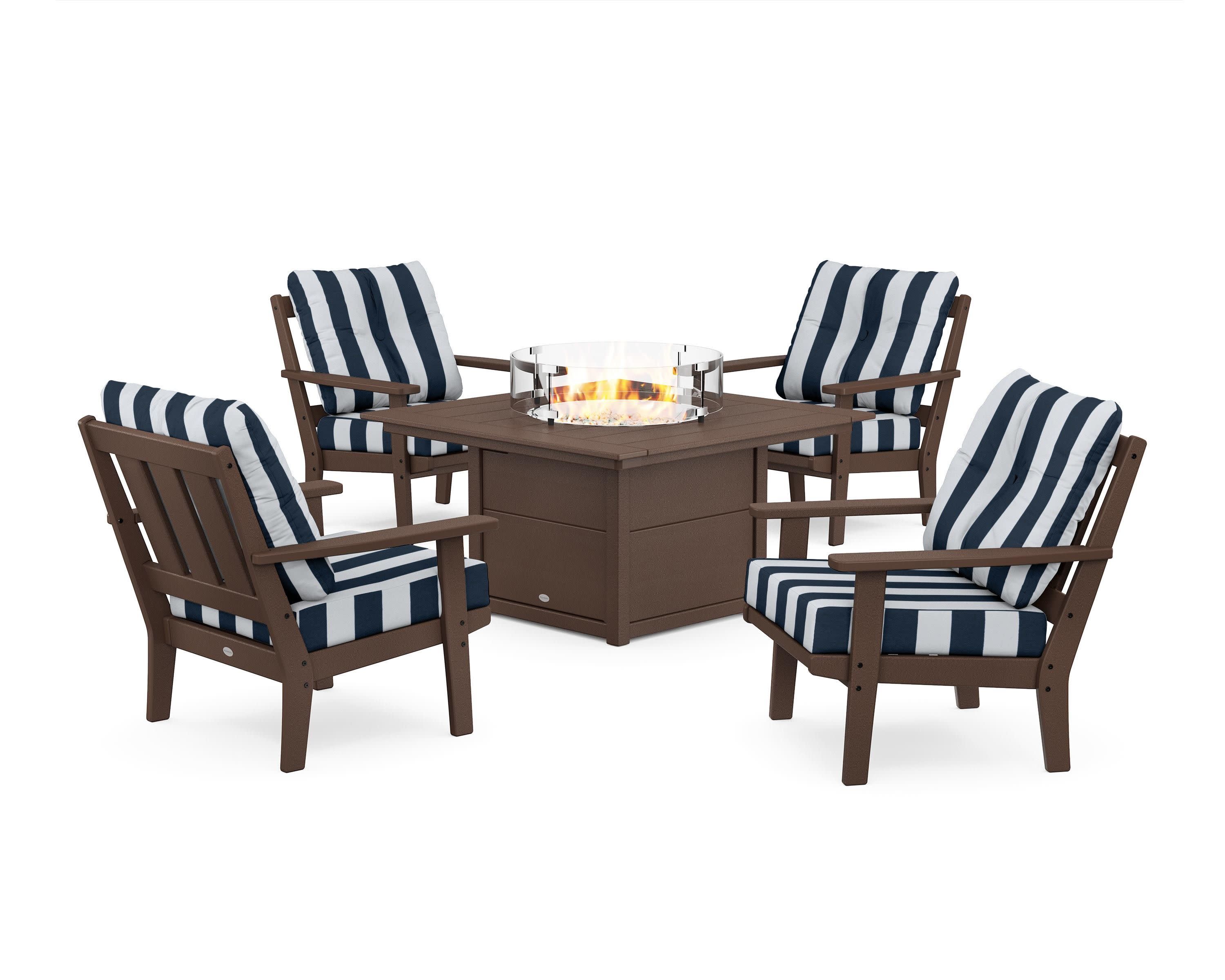 Oxford 5-Piece Deep Seating Set with Fire Pit Table in Mahogany / Cabana Stripe Marine Indigo
