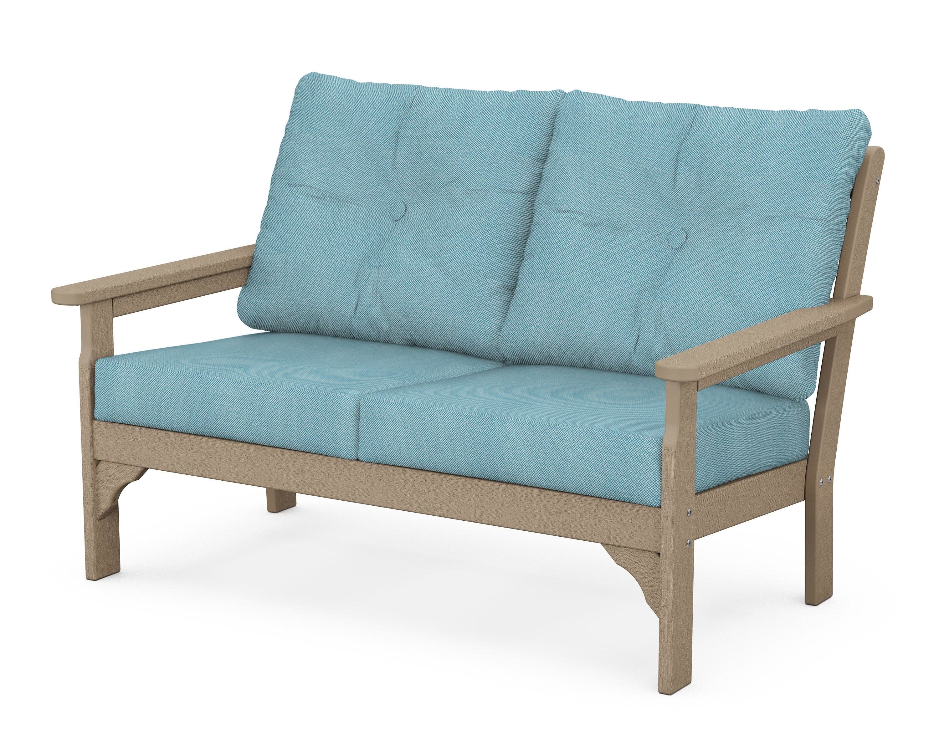 Vineyard Deep Seating Loveseat in Vintage Sahara / Lattice Sky Blue