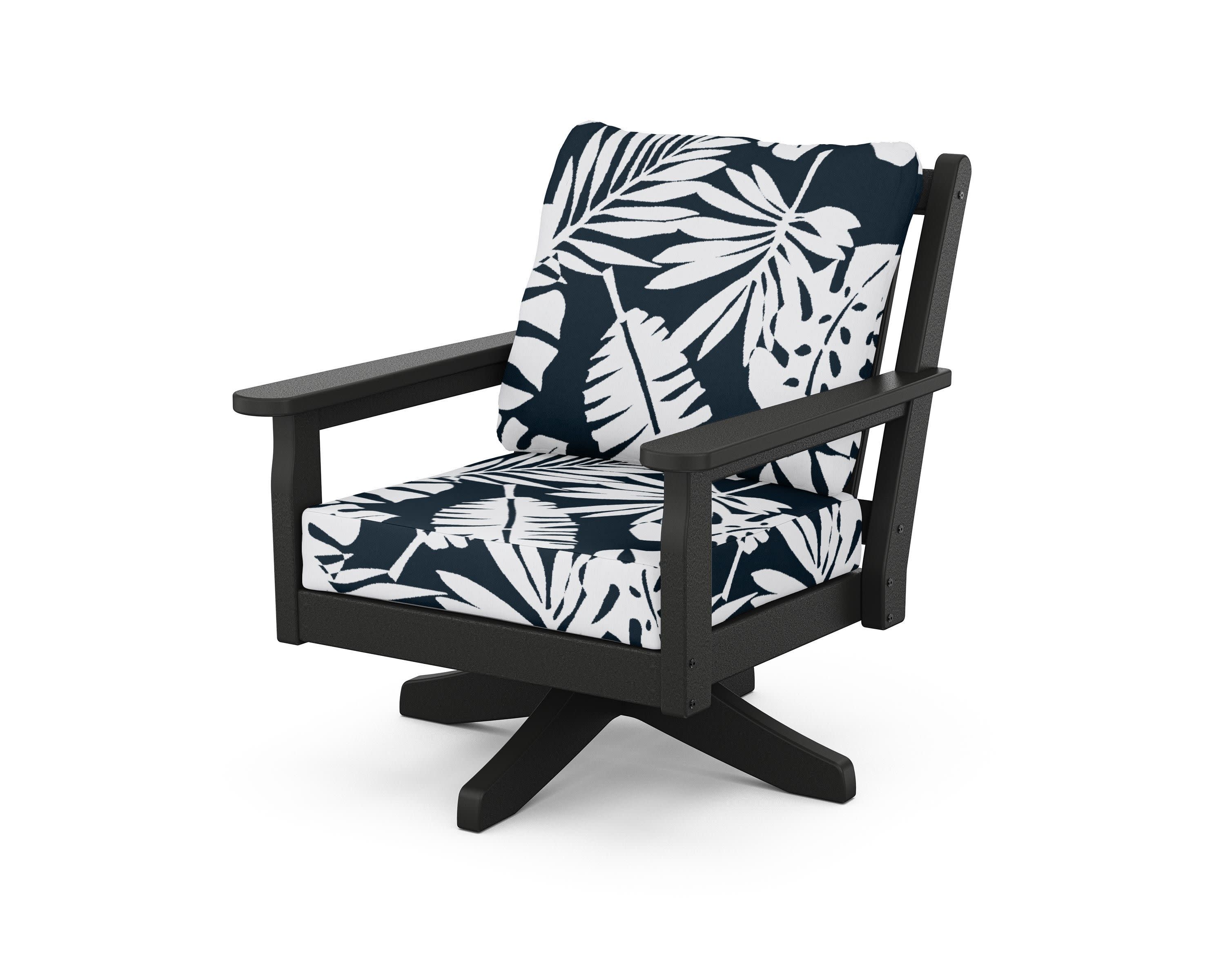 Chippendale Deep Seating Swivel Chair in Black / Leaf Marine Indigo