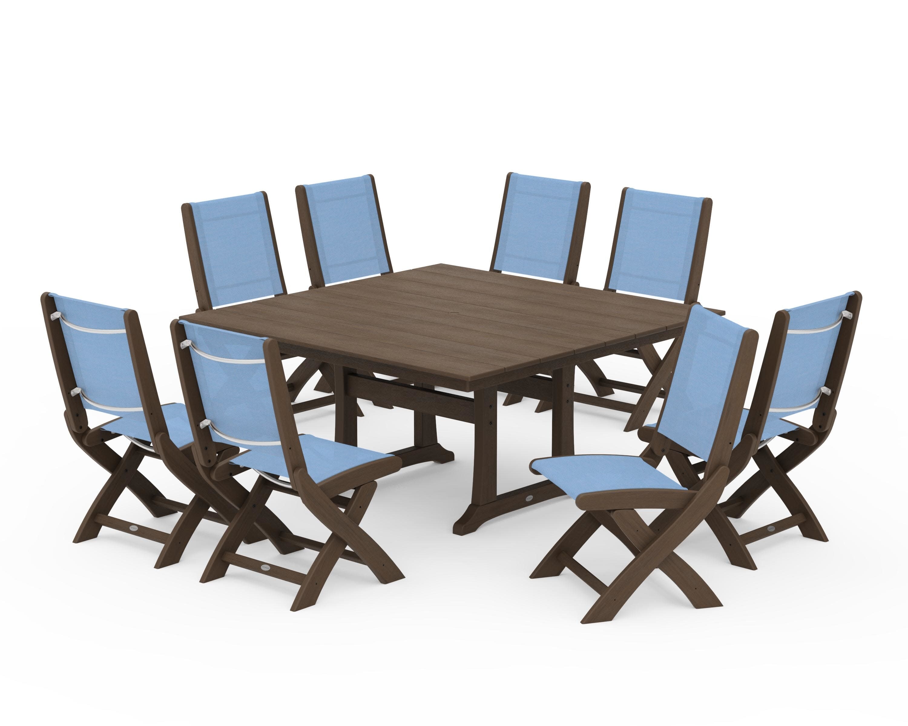 Coastal Folding Side Chair 9-Piece Farmhouse Dining Set in Kona / Poolside Sling