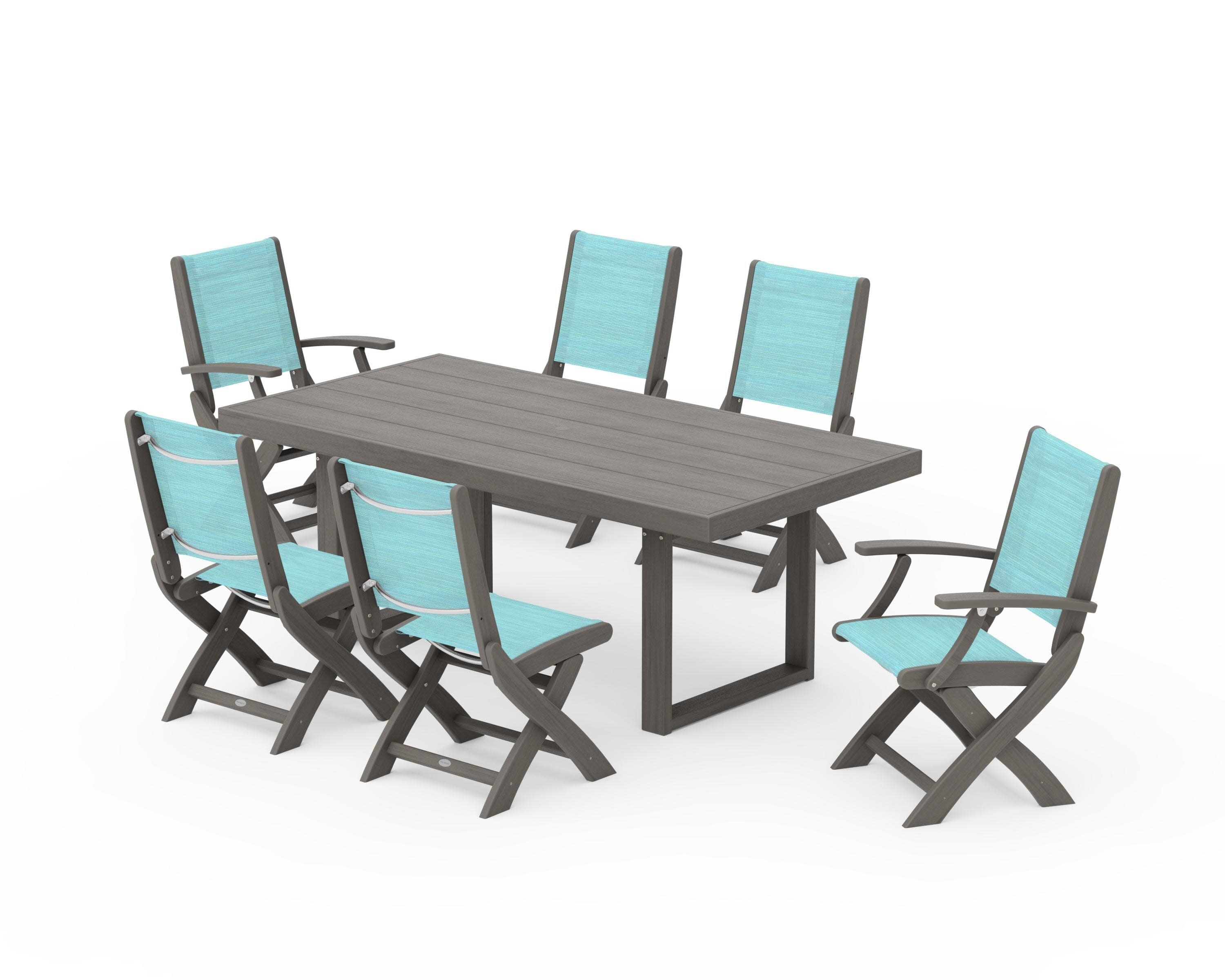 Coastal Folding Chair 7-Piece Dining Set with Trestle Legs in Driftwood / Dupioni Aquamarine Sling
