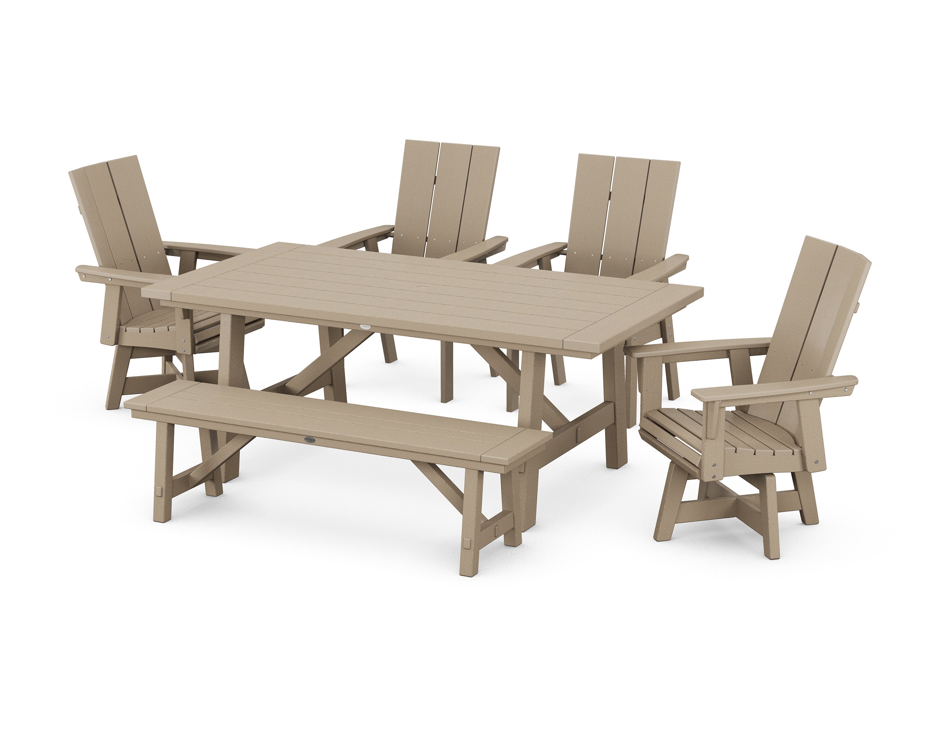 Modern Curveback Adirondack Swivel Chair 6-Piece Rustic Farmhouse Dining Set with Bench in Vintage Sahara