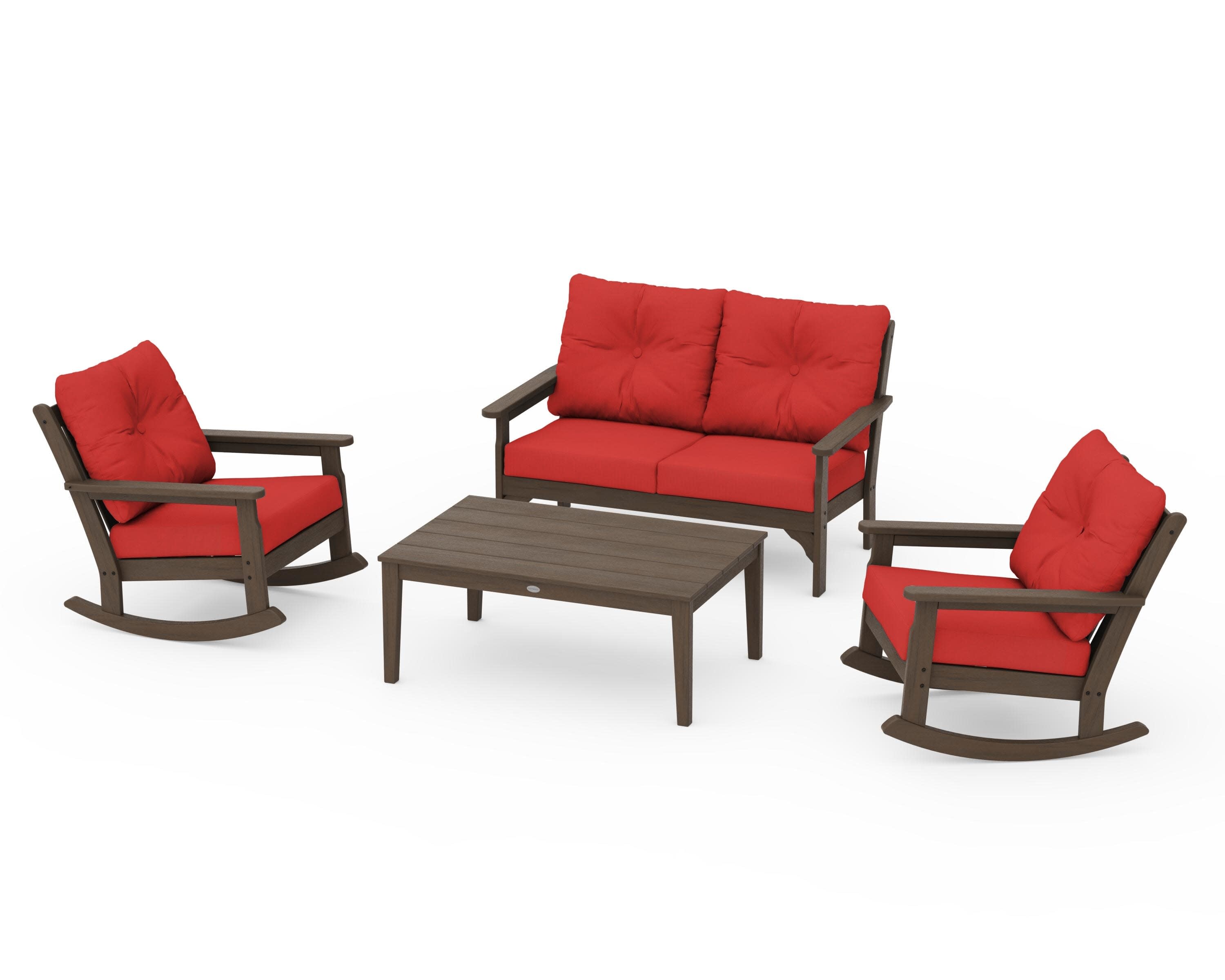 Vineyard 4-Piece Deep Seating Rocking Chair Set in Kona / Crimson Linen