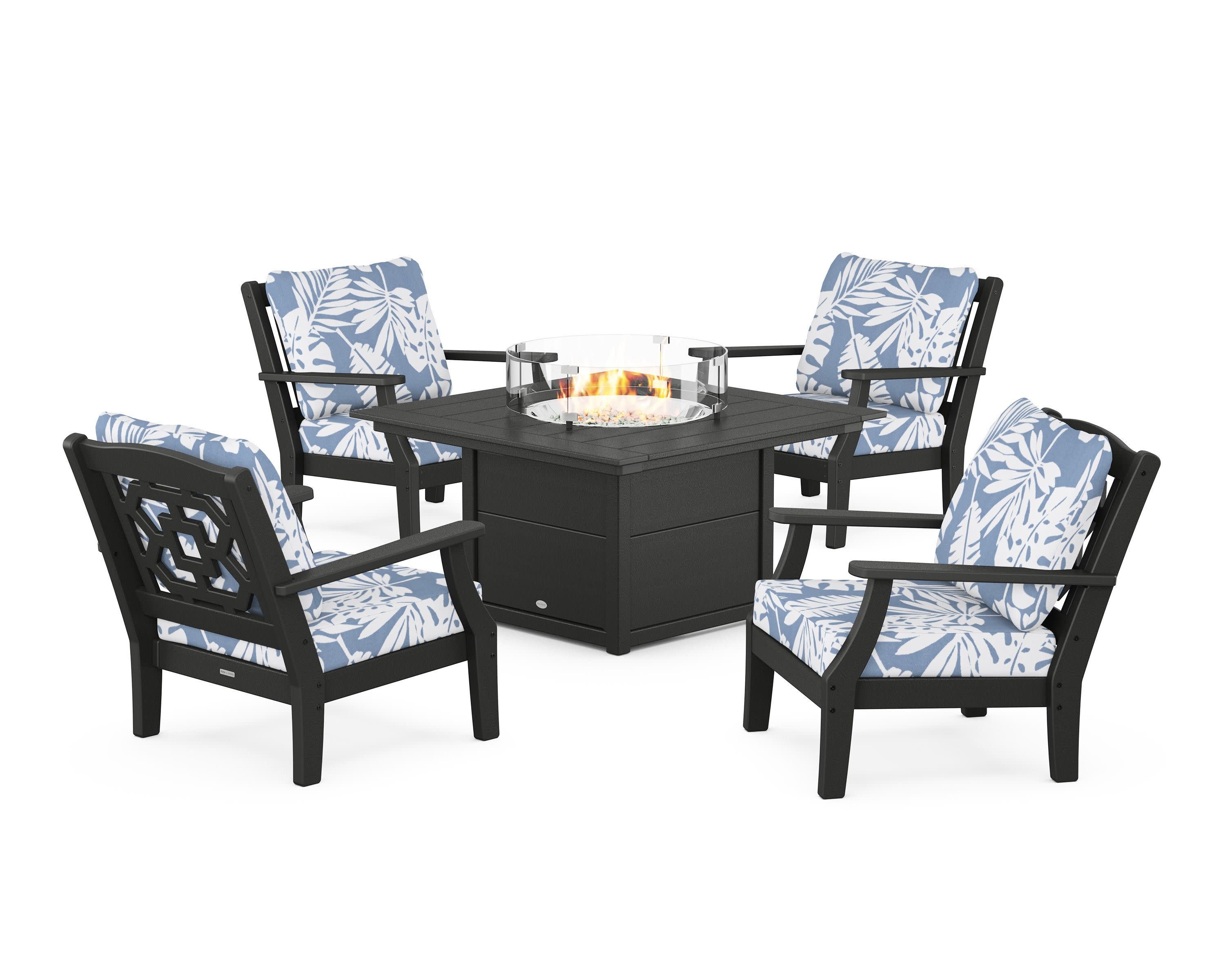 Chinoiserie 5-Piece Deep Seating Set with Fire Pit Table in Black / Leaf Sky Blue