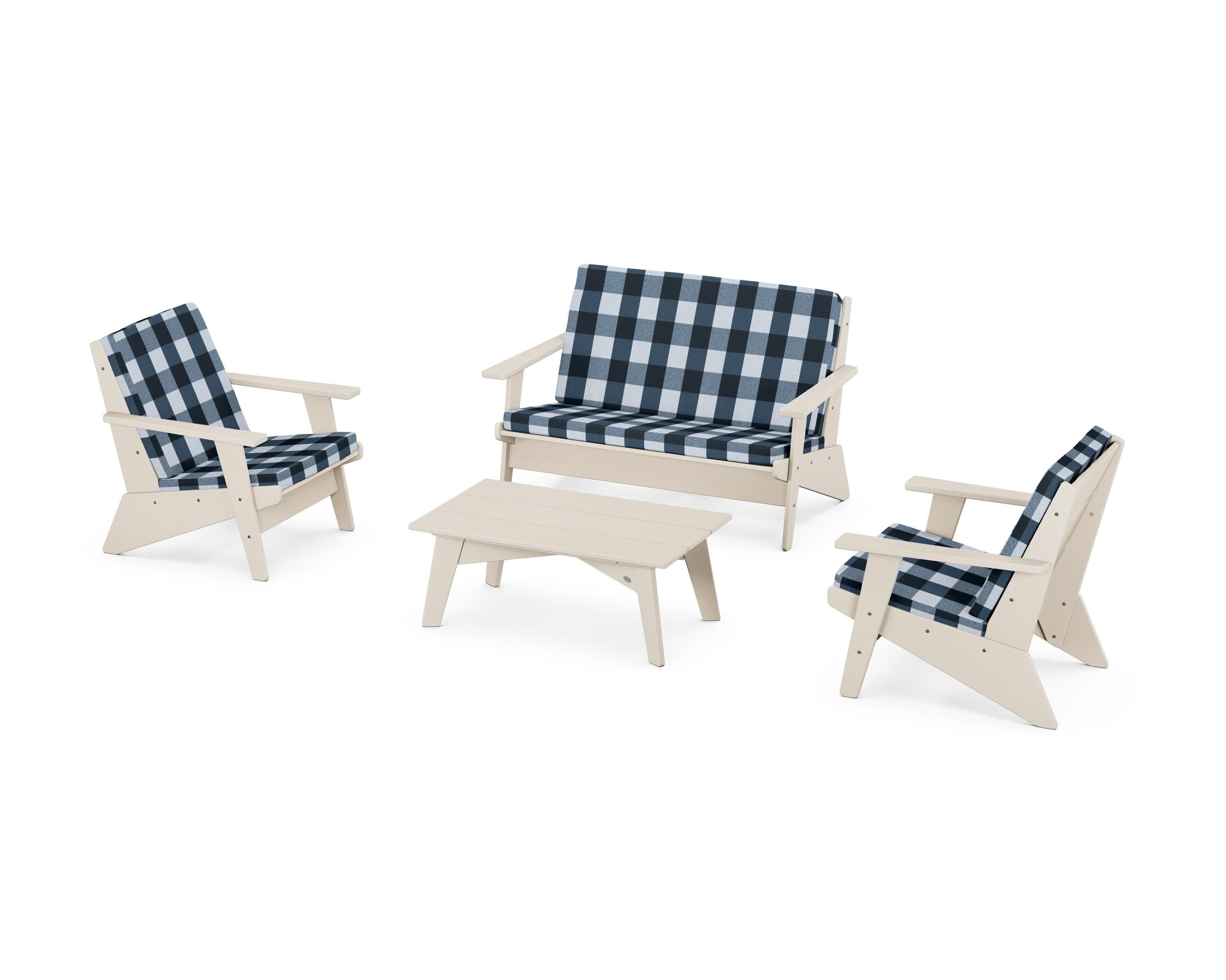 Riviera Modern Lounge 4-Piece Set in Sand / Buffalo Plaid Marine Indigo