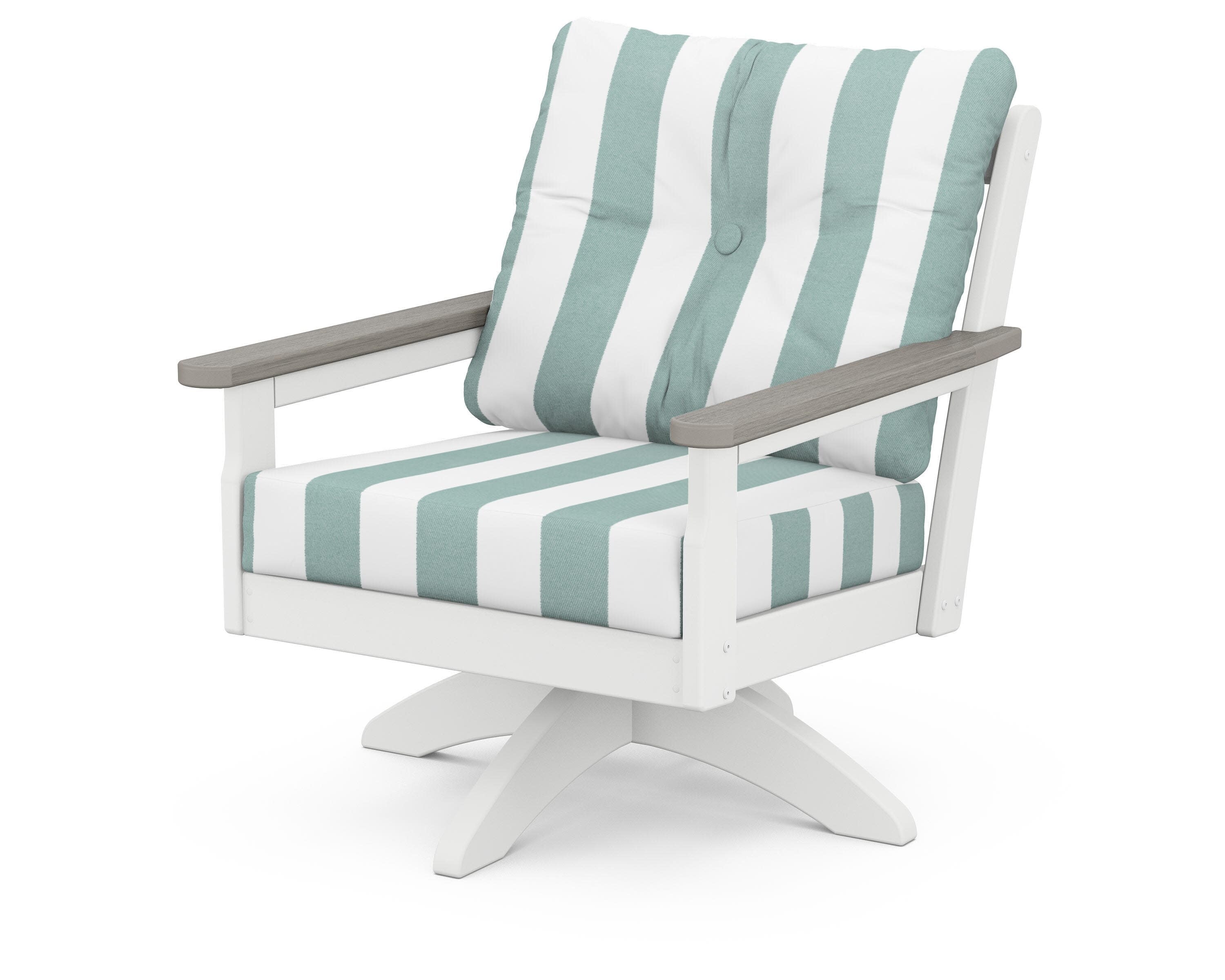 Vineyard Deep Seating Swivel Chair in White / Driftwood / Cabana Stripe Glacier Spa