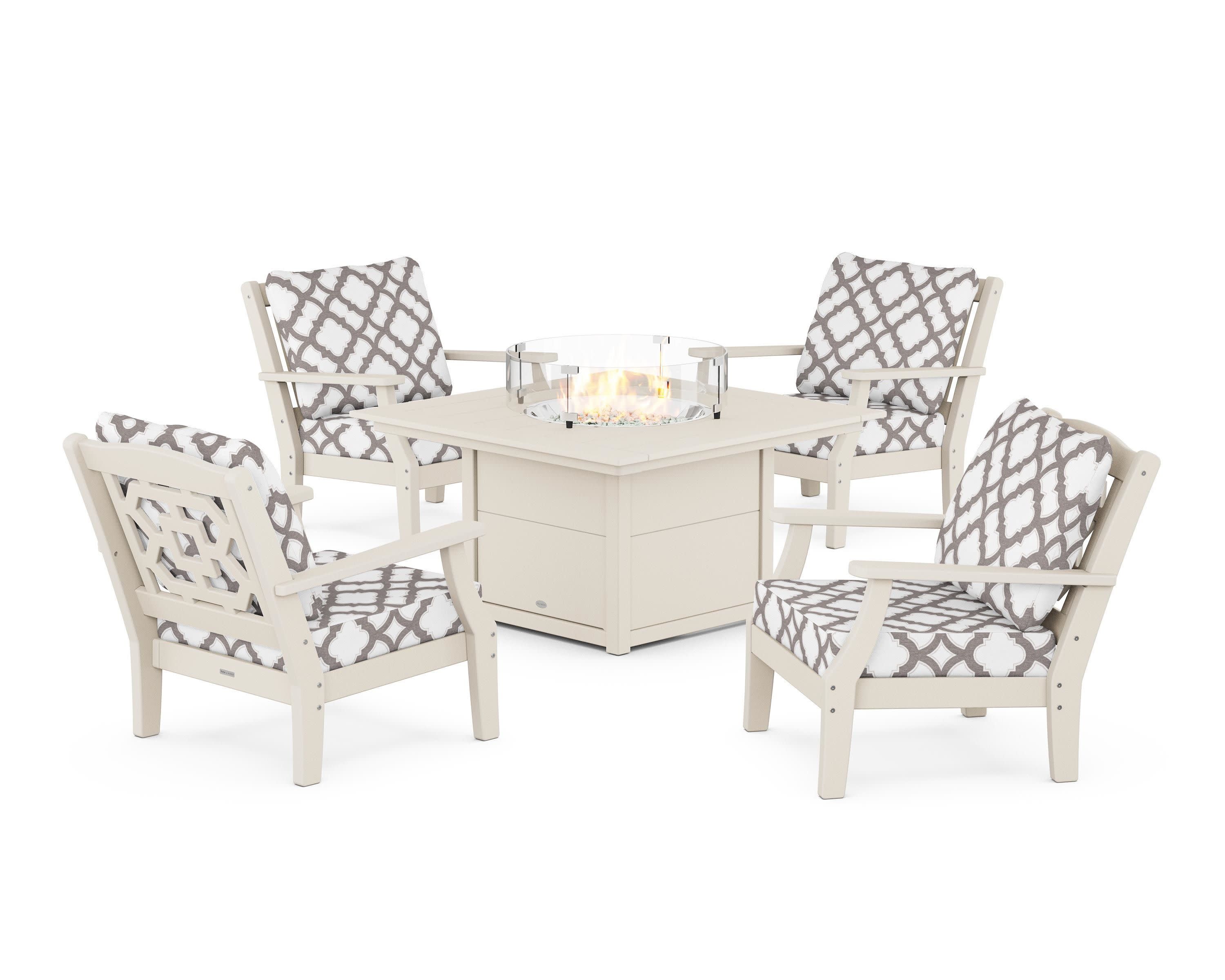 Chinoiserie 5-Piece Deep Seating Set with Fire Pit Table in Sand / Trellis Grey Mist