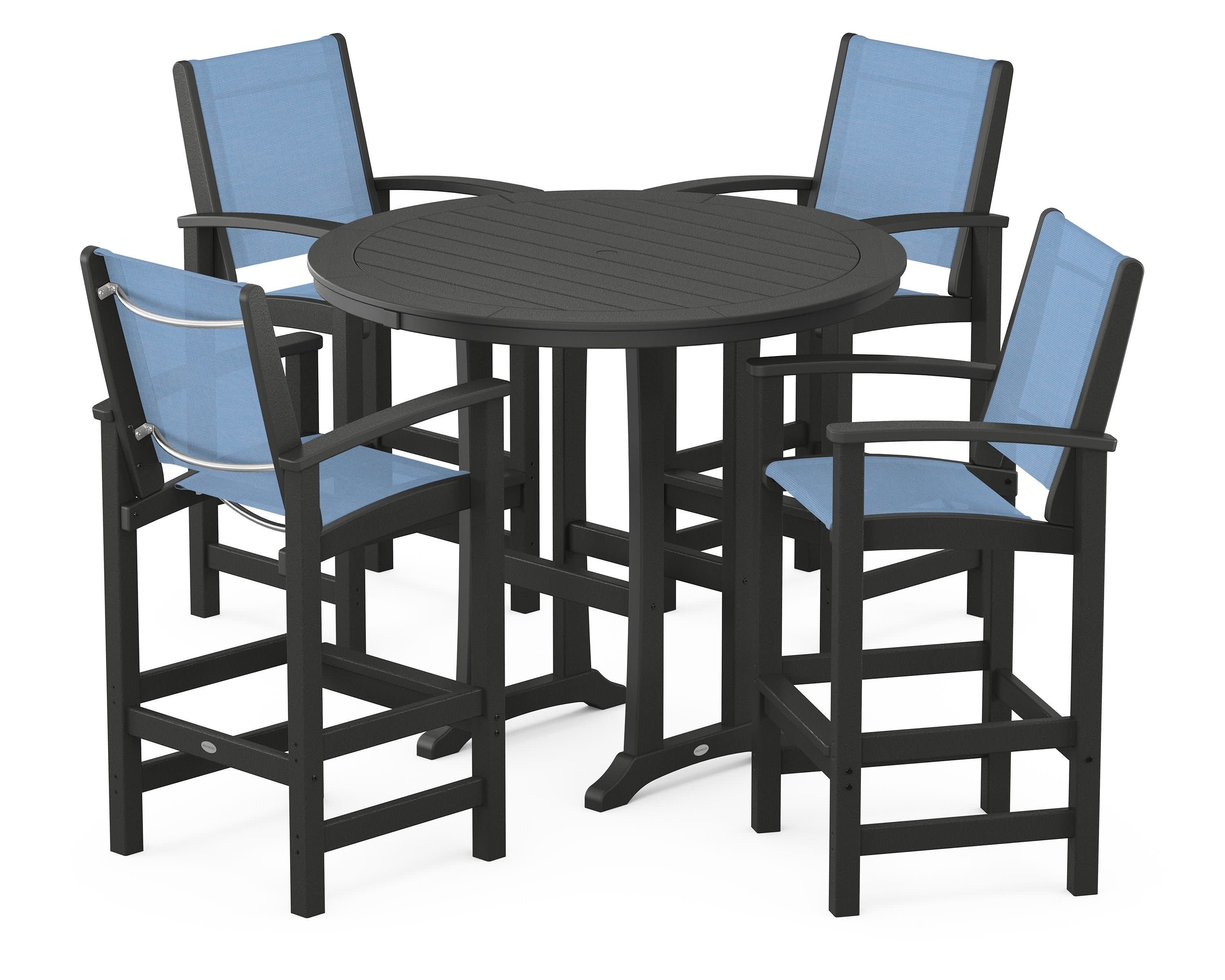 Coastal 5-Piece Nautical Trestle Bar Set in Black / Poolside Sling