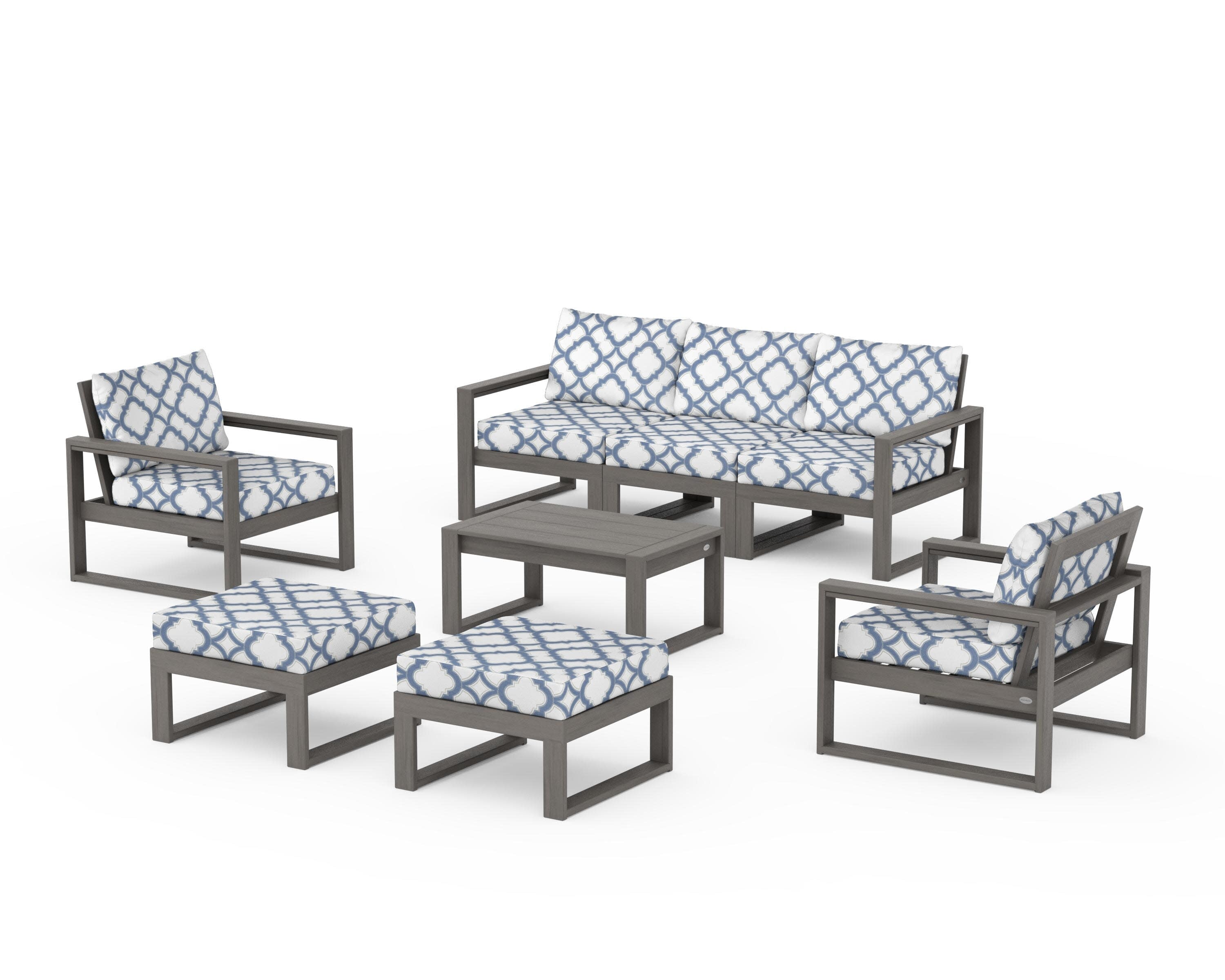 EDGE Sectional 8-Piece Lounge Sofa Set in Driftwood / Trellis Sky Blue
