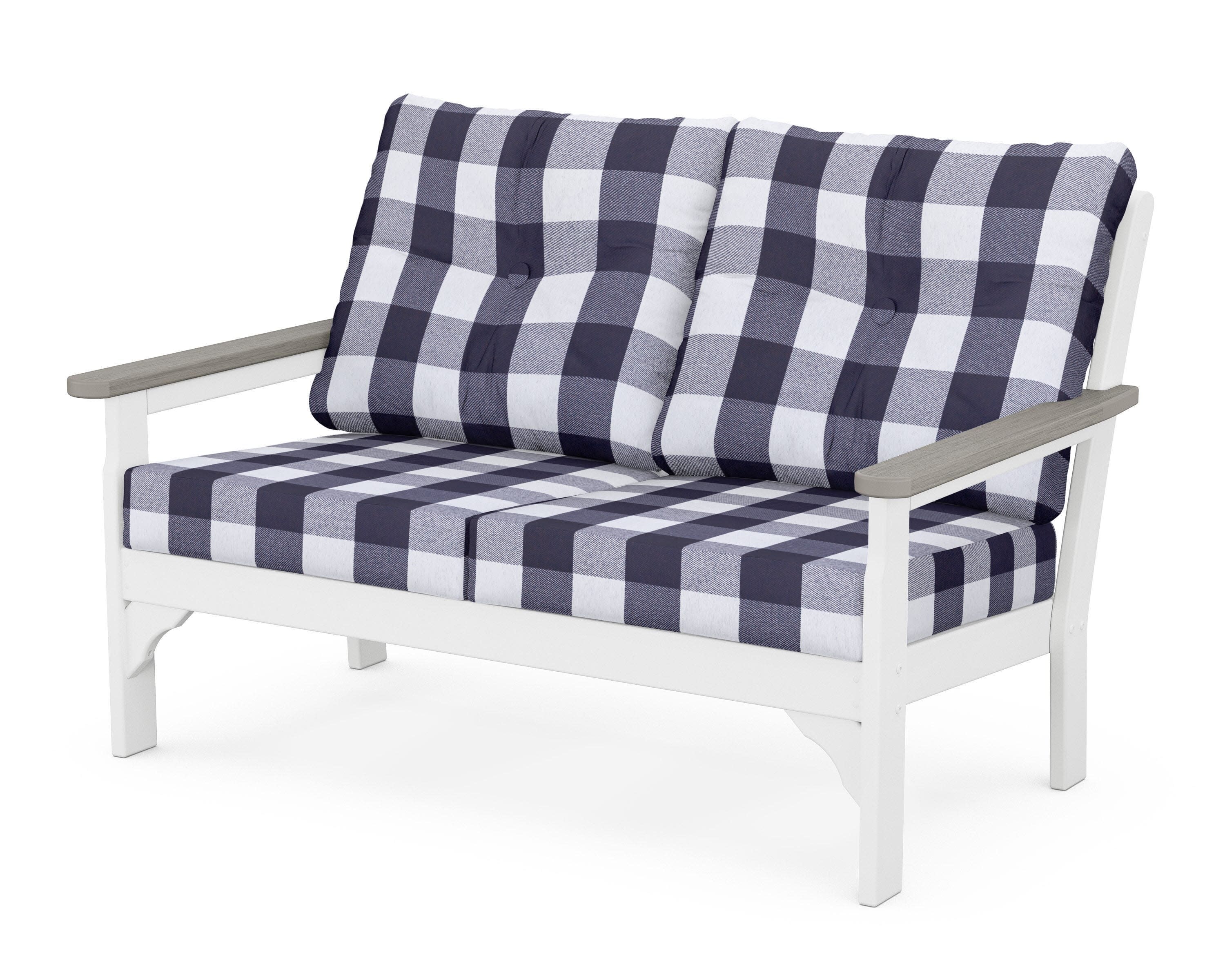 Vineyard Deep Seating Loveseat in White / Driftwood / Buffalo Plaid Navy