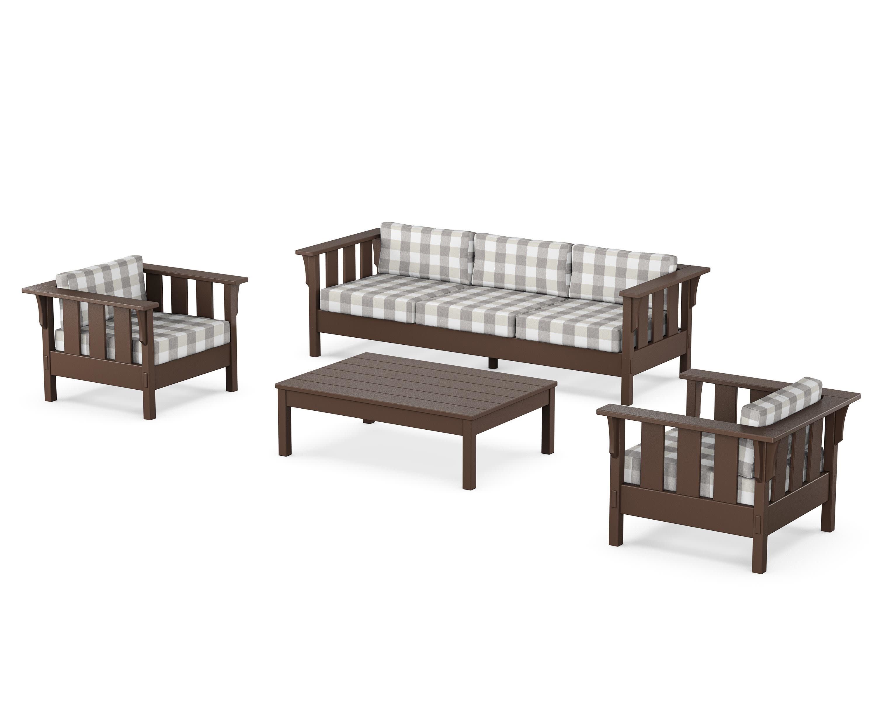 Acadia 4-Piece Deep Seating Set with Sofa in Mahogany / Buffalo Plaid Grey Mist