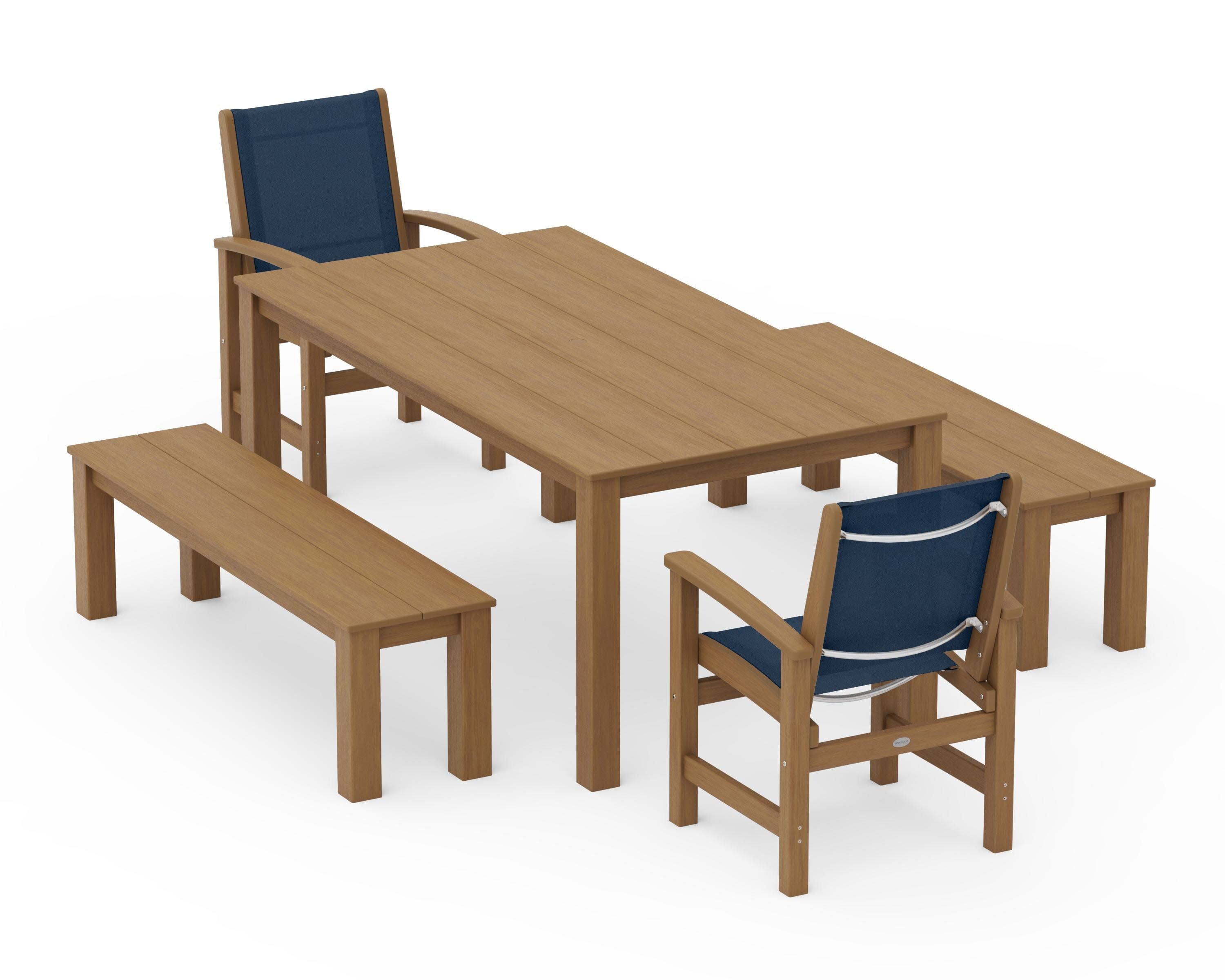 Coastal 5-Piece Parsons Dining Set with Benches in Natural / Navy Blue Sling