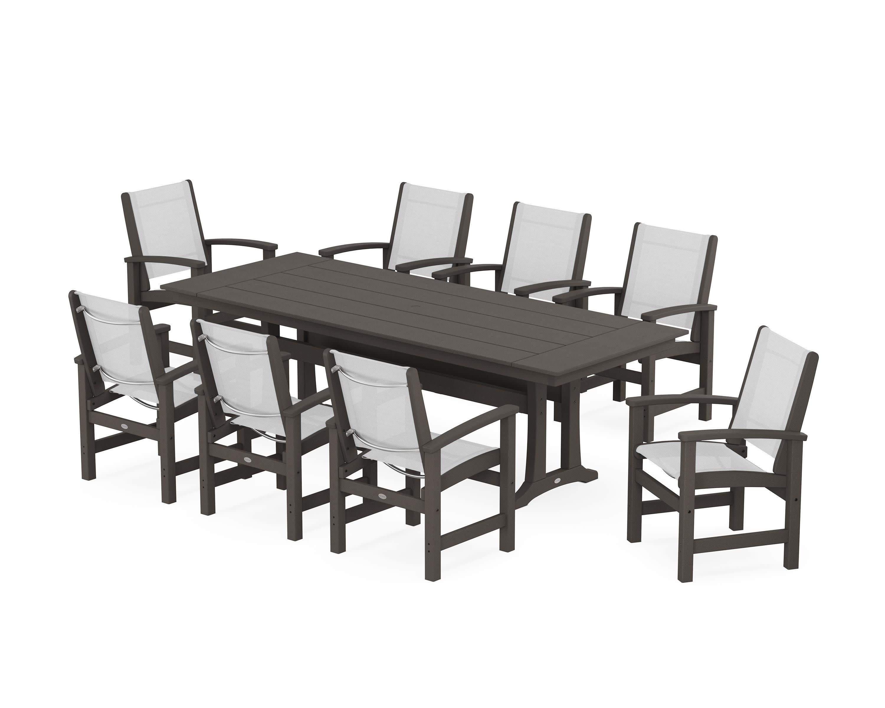 Coastal 9-Piece Farmhouse Dining Set with Trestle Legs in Vintage Coffee / White Sling