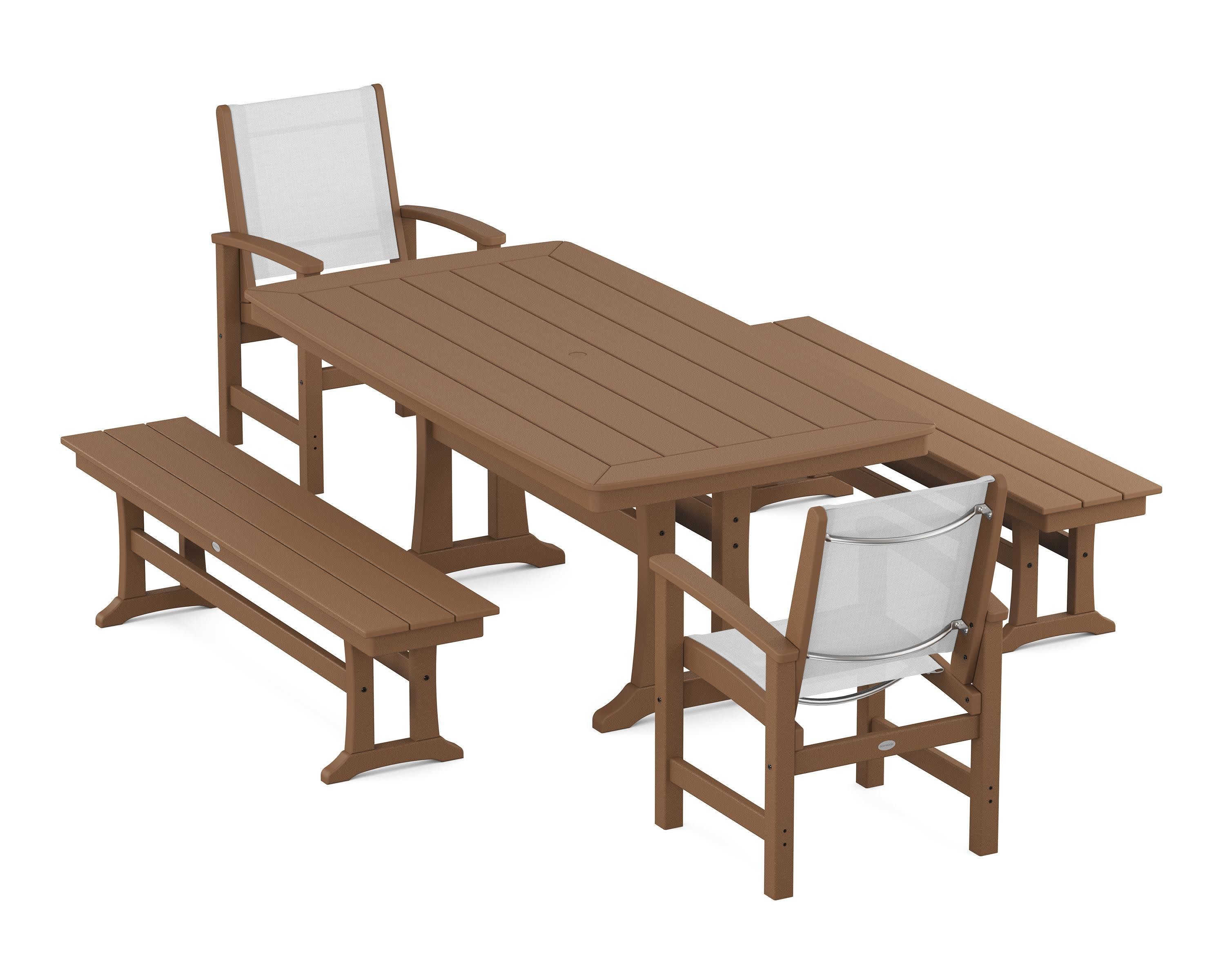 Coastal 5-Piece Dining Set with Trestle Legs and Benches in Teak / White Sling
