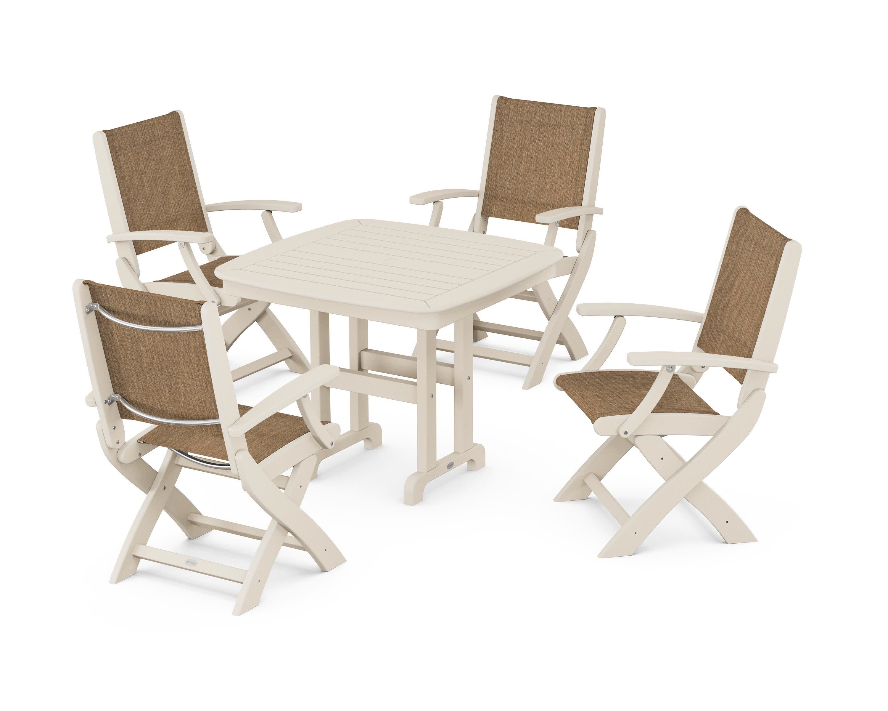 Coastal Folding Chair 5-Piece Dining Set in Sand / Burlap Sling