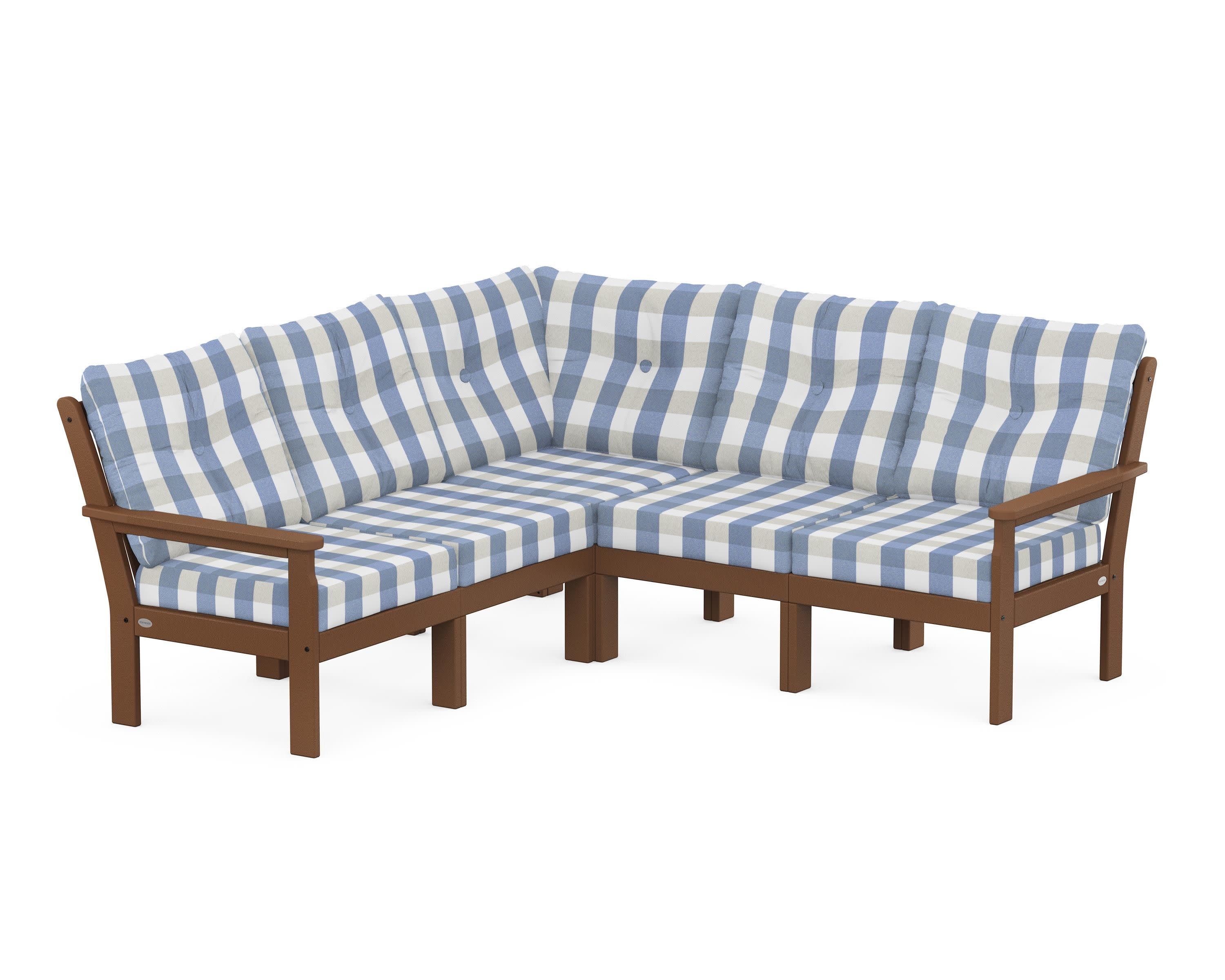 Vineyard 5-Piece Sectional in Teak / Buffalo Plaid Sky Blue