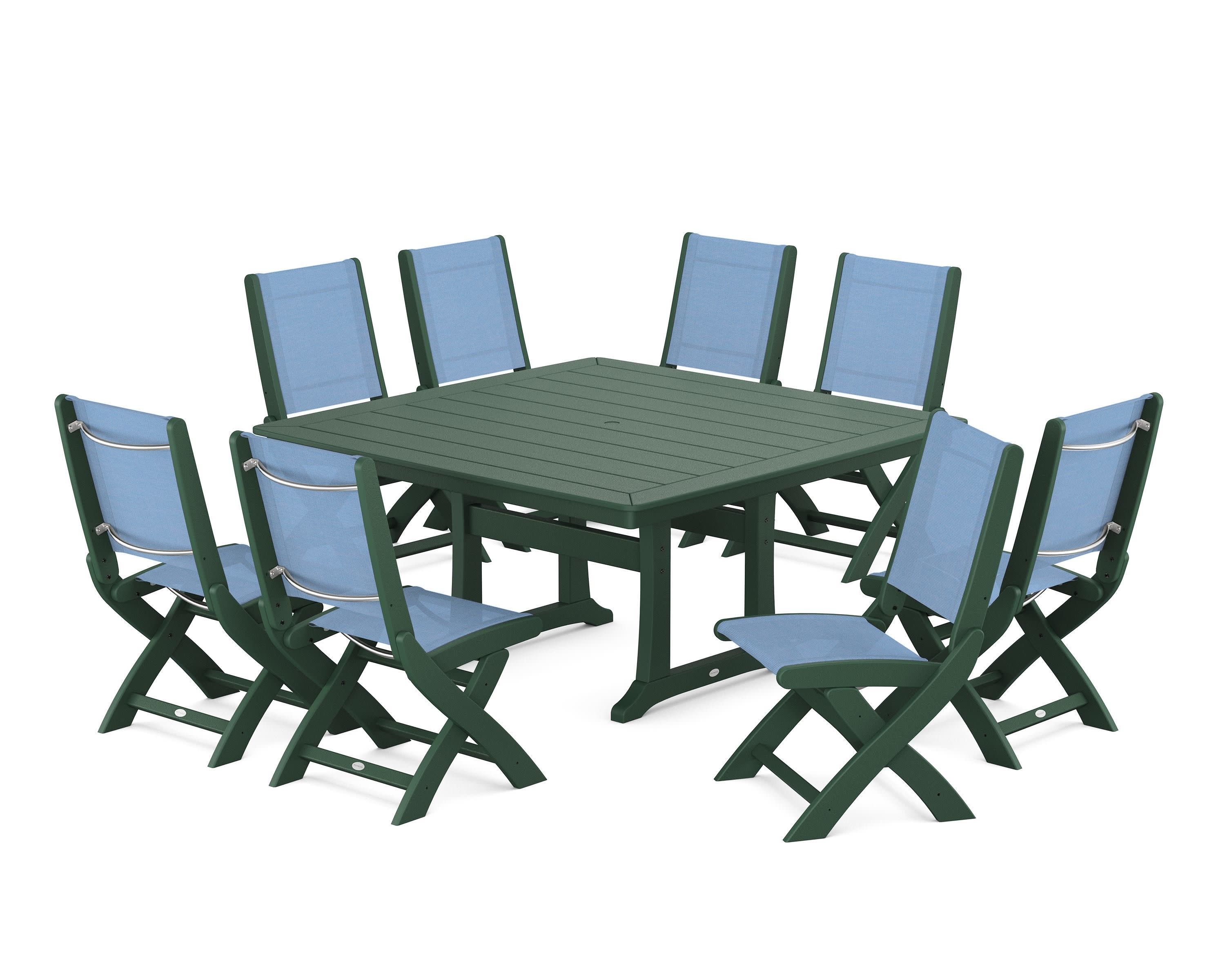 Coastal Folding Side Chair 9-Piece Dining Set with Trestle Legs in Green / Poolside Sling