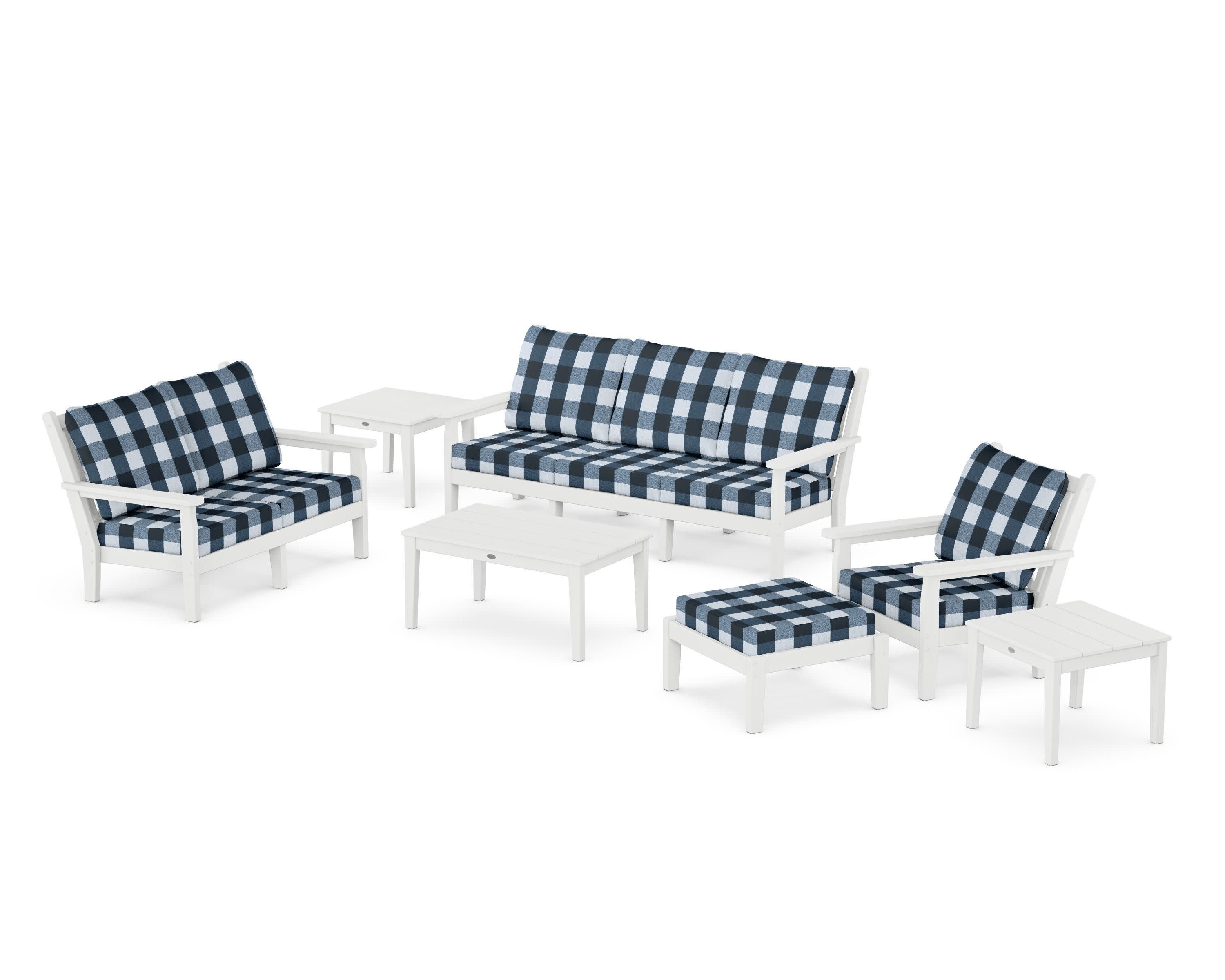Chippendale 7-Piece Deep Seating Set in White / Buffalo Plaid Marine Indigo