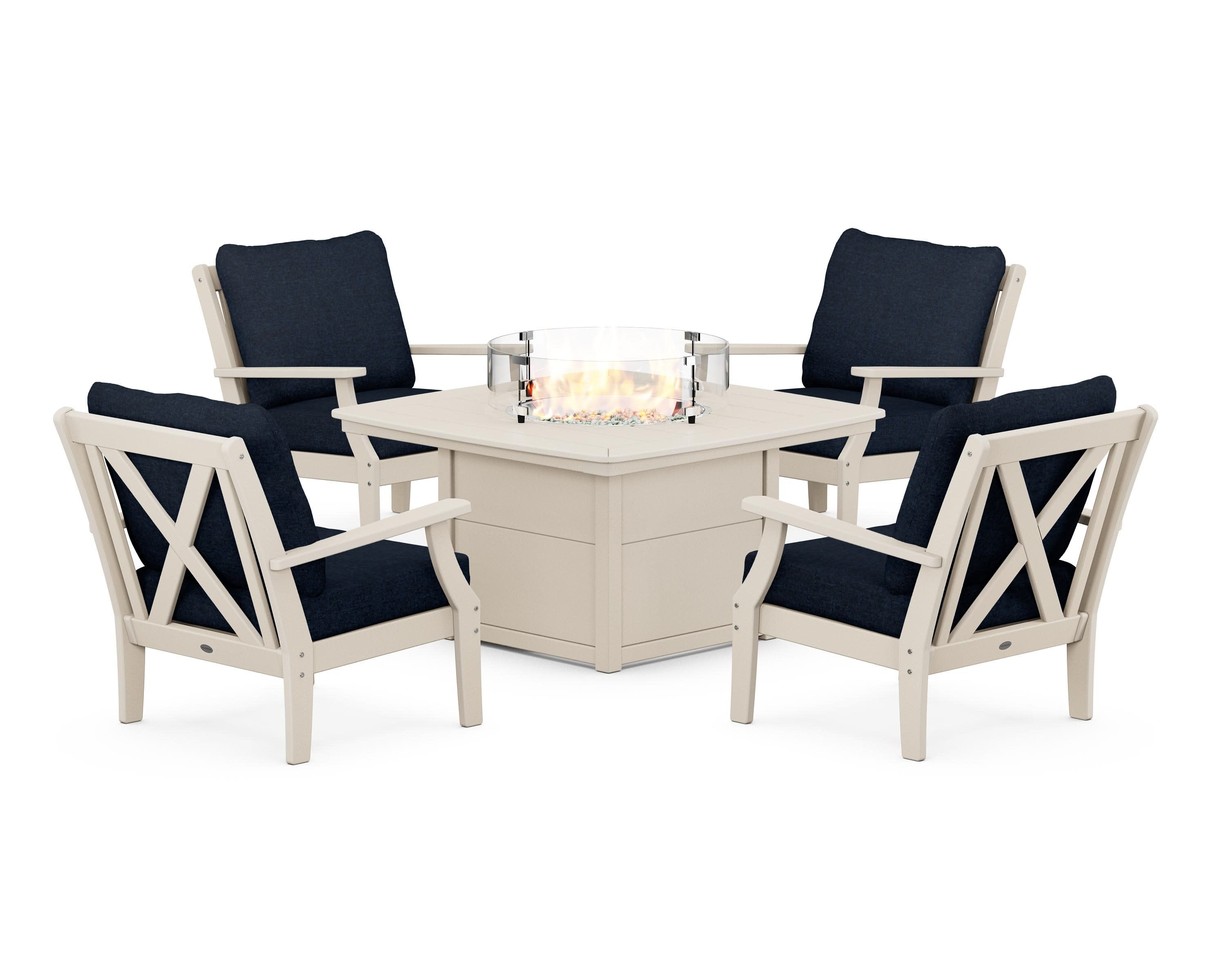 Braxton 5-Piece Deep Seating Conversation Set with Fire Pit Table in Sand / Marine Indigo