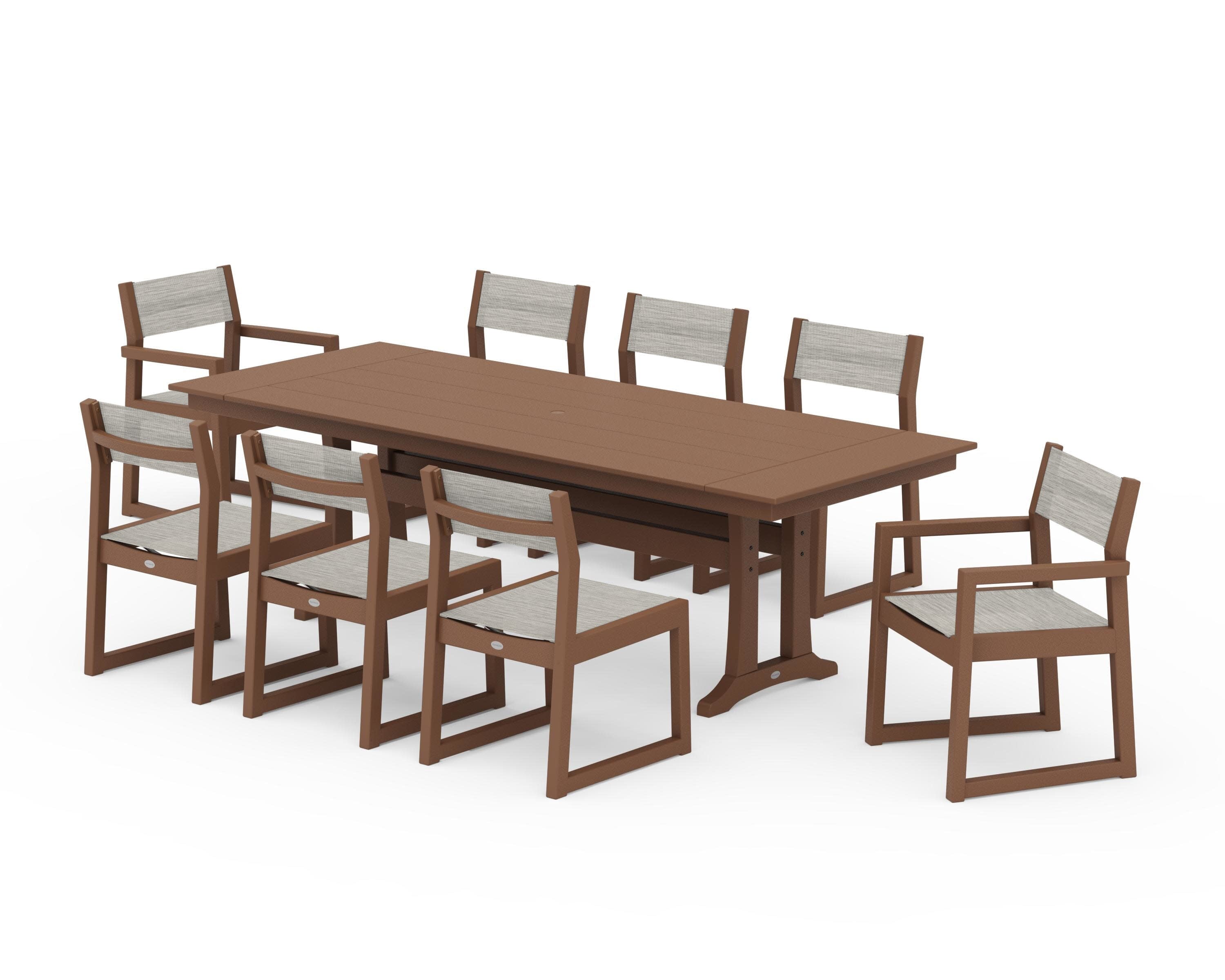 EDGE Sling 9-Piece Farmhouse Trestle Dining Set in Teak / Birch Sling