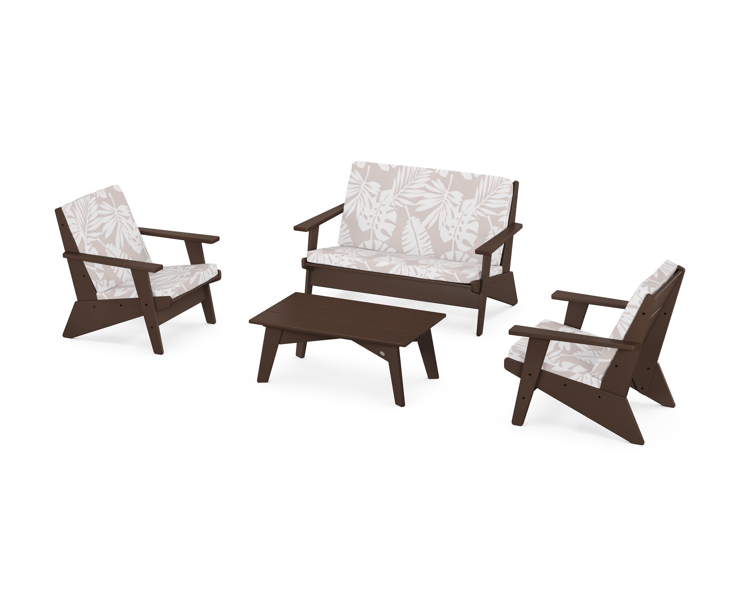 Riviera Modern Lounge 4-Piece Set in Mahogany / Leaf Dune Burlap