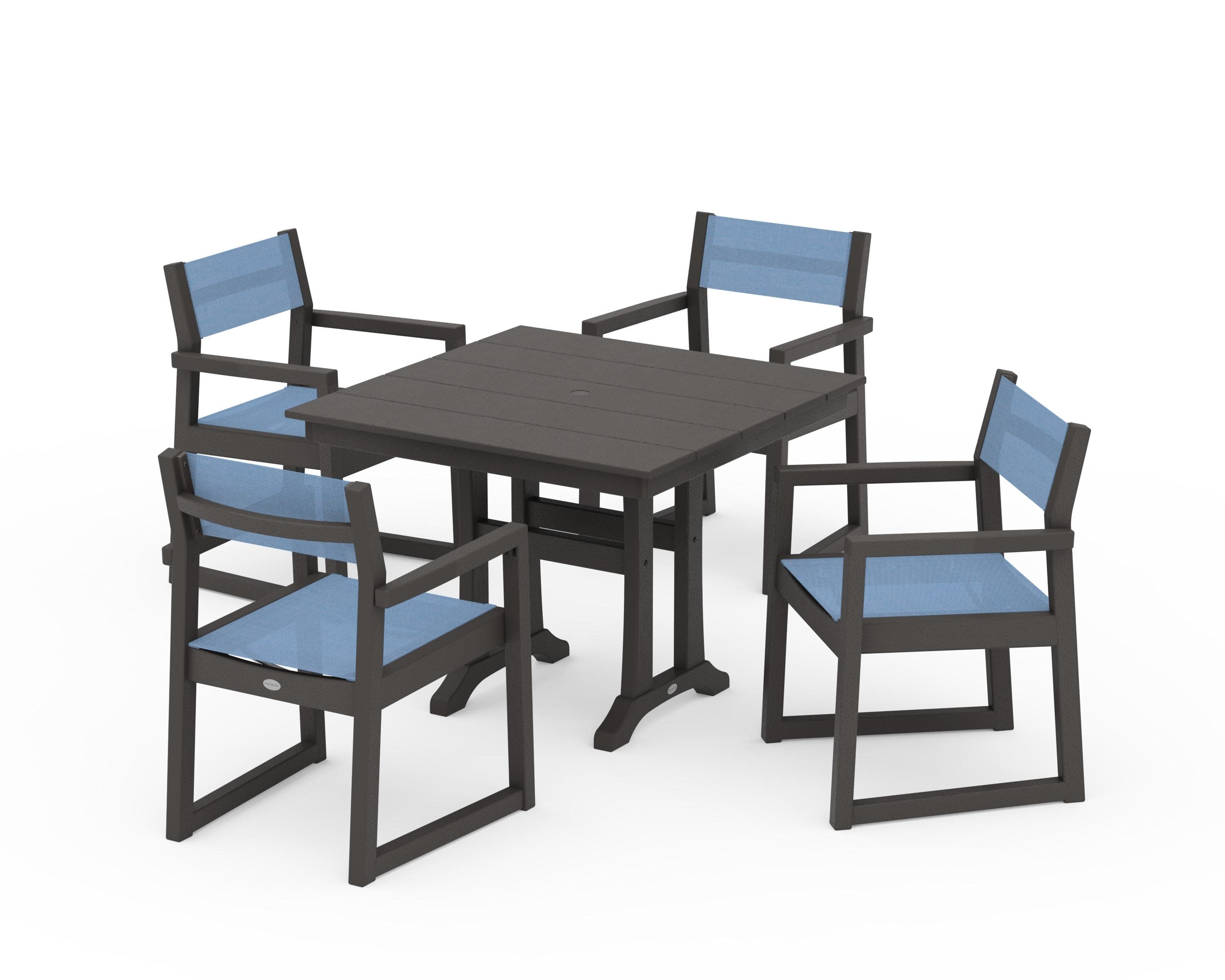 EDGE Sling 5-Piece Farmhouse Dining Set with Trestle Legs in Vintage Coffee / Poolside Sling
