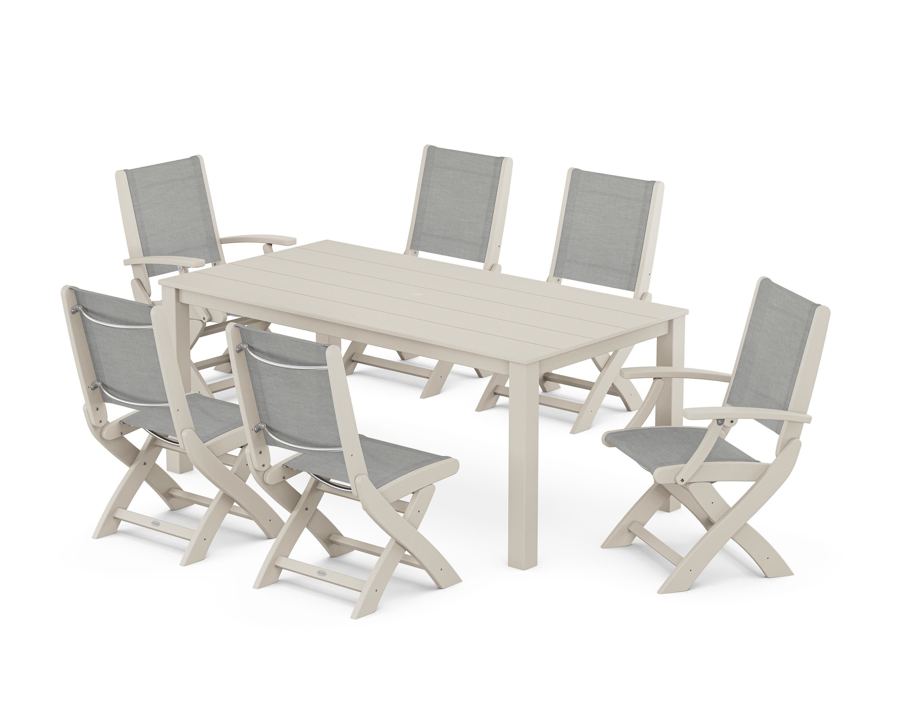 Coastal Folding Chair 7-Piece Parsons Dining Set in Sand / Metallic Sling