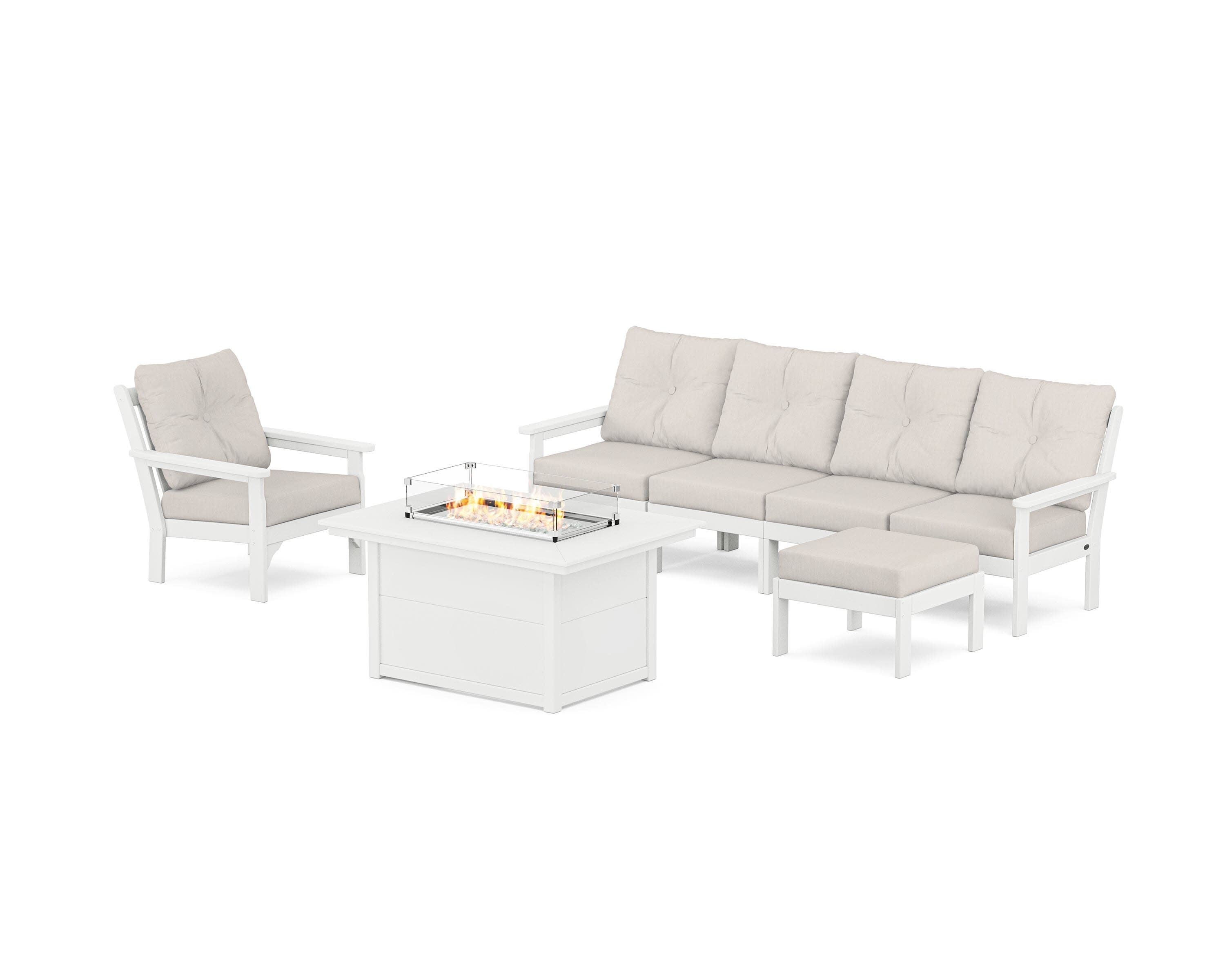 Vineyard Sectional Lounge and Fire Pit Set in White / Cast Ash
