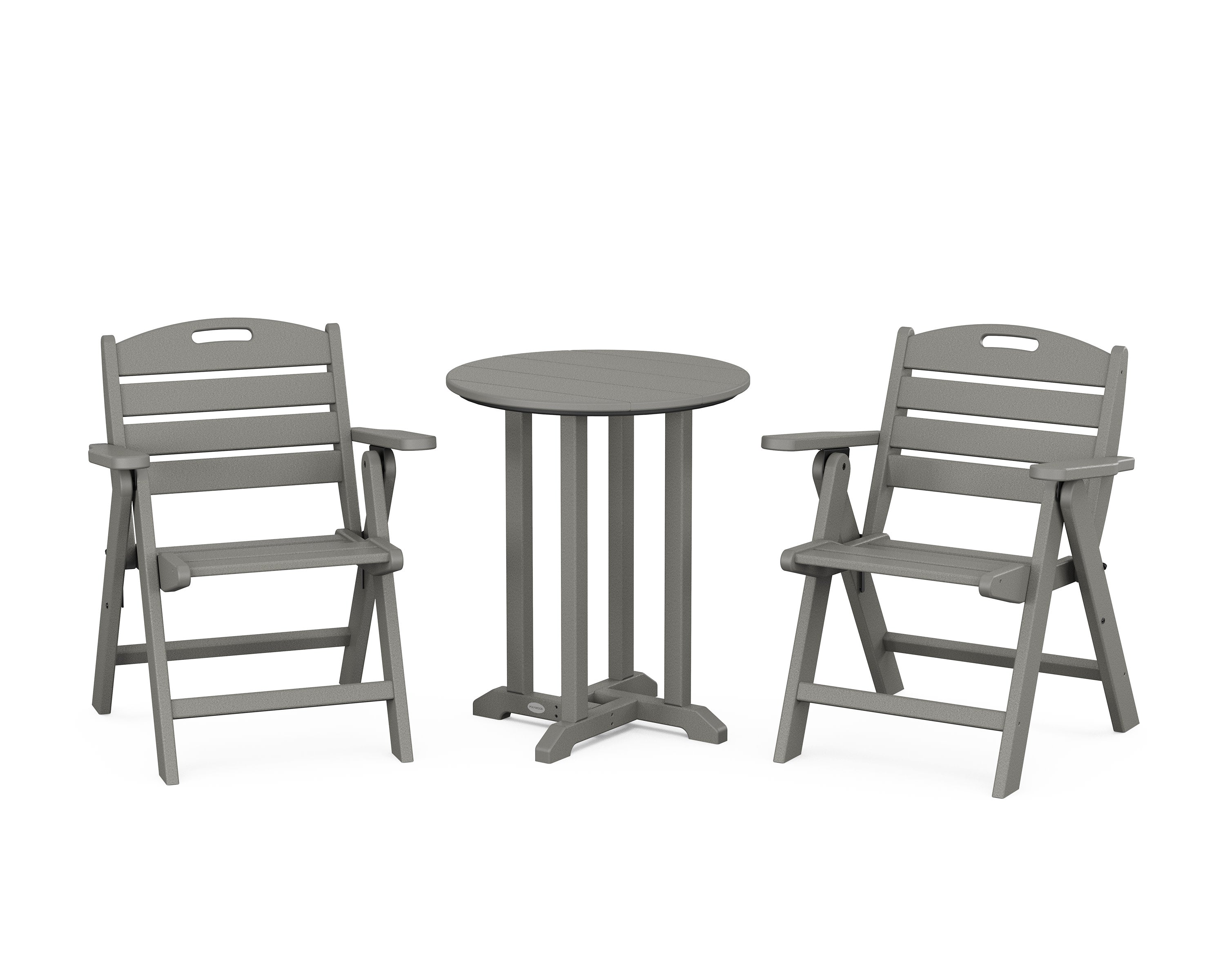 Nautical Folding Lowback Chair 3-Piece Round Bistro Dining Set in Slate Grey