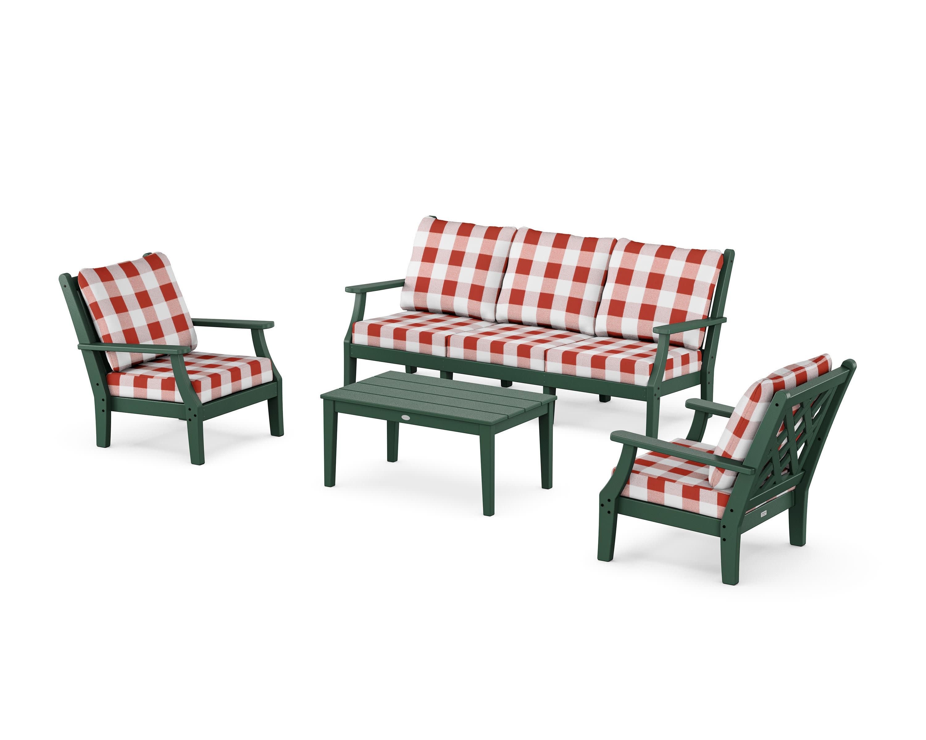 Wovendale 4-Piece Deep Seating Set with Sofa in Green / Buffalo Plaid Crimson
