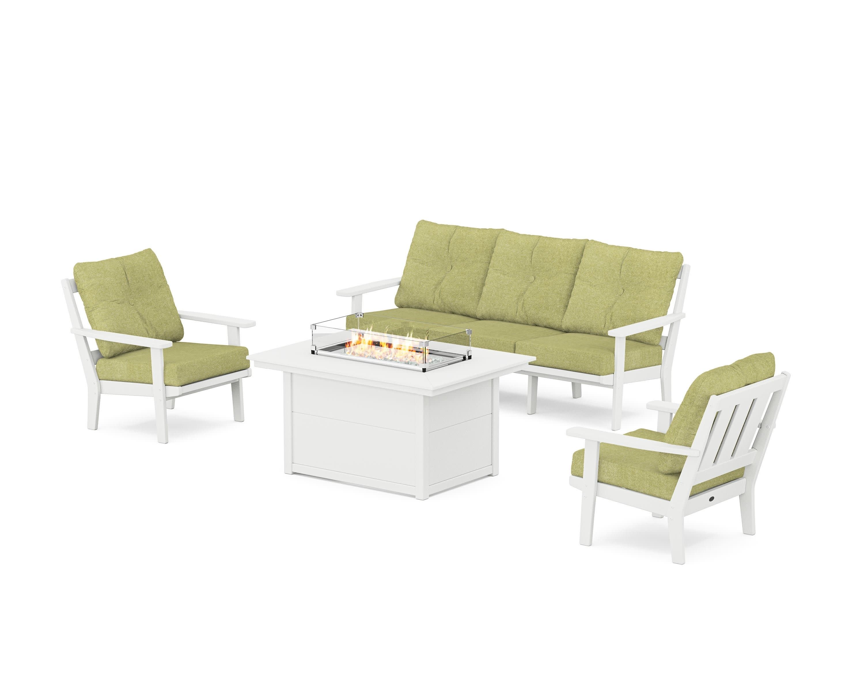 Oxford Deep Seating Fire Pit Table Set in White / Chartreuse Boucle