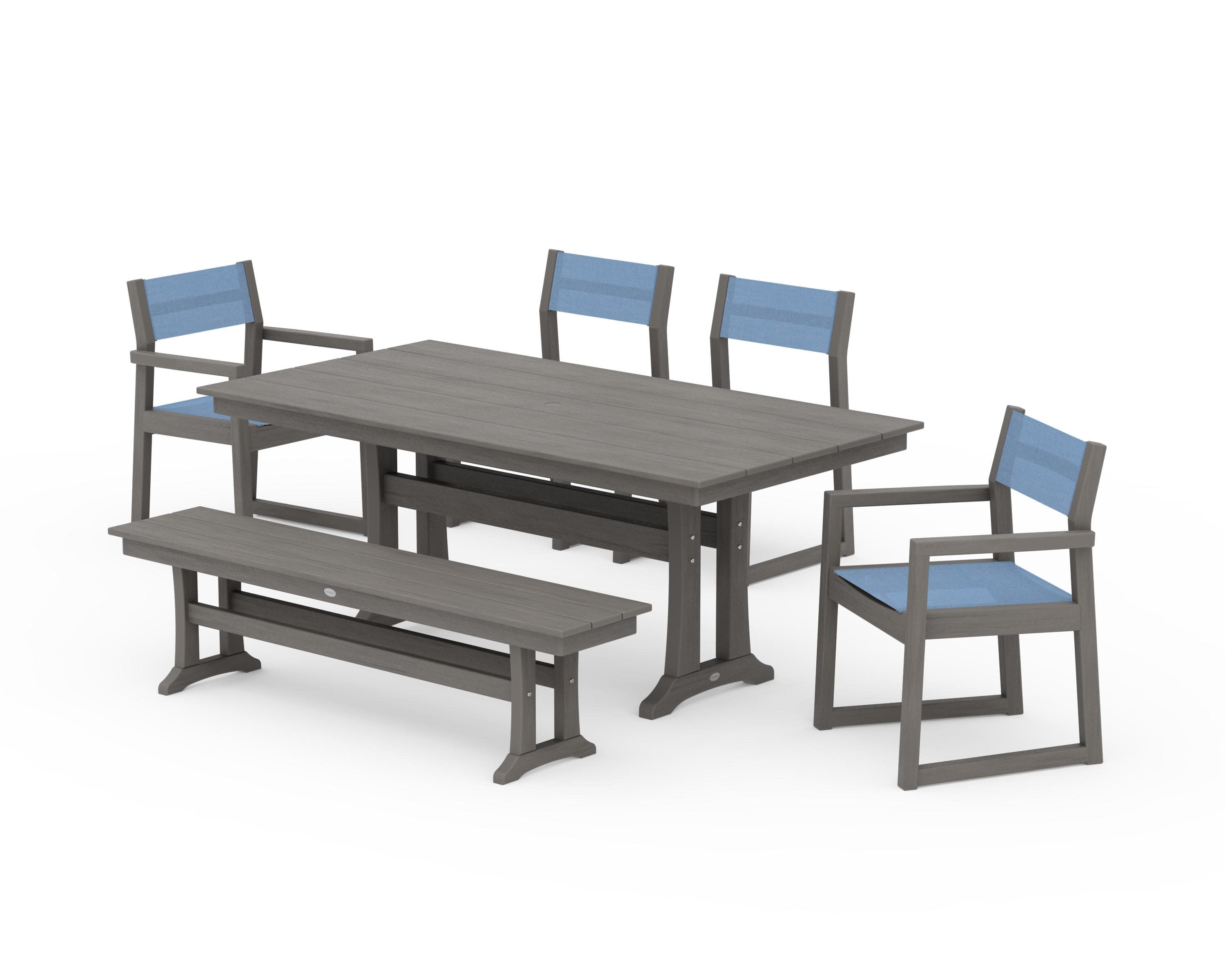 EDGE Sling 6-Piece Farmhouse Dining Set With Trestle Legs in Driftwood / Poolside Sling
