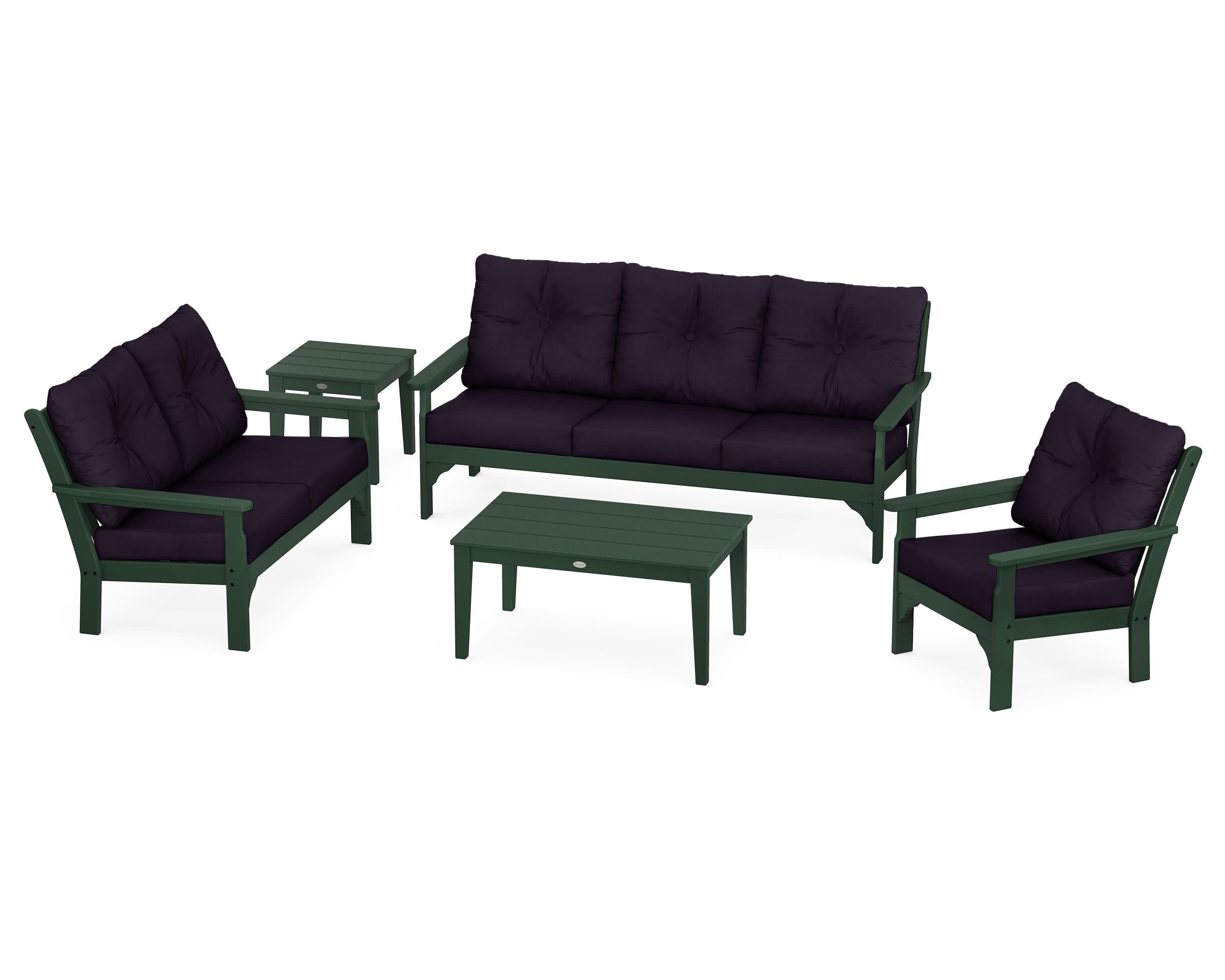 Vineyard 5 Piece Deep Seating Set in Green / Navy Linen