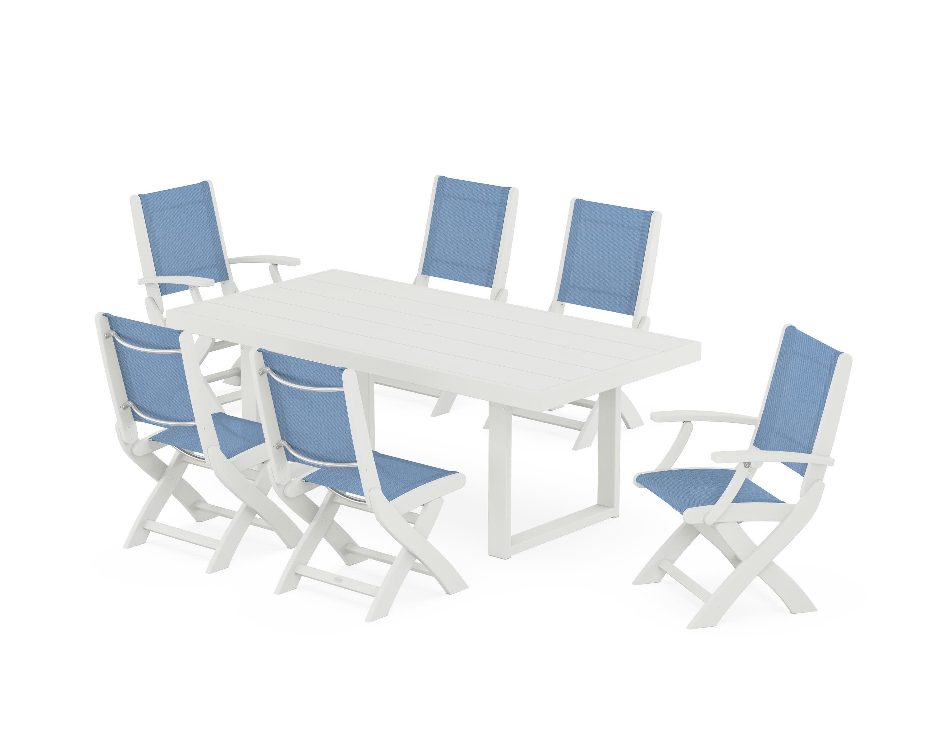 Coastal Folding Chair 7-Piece Dining Set with Trestle Legs in Vintage White / Poolside Sling