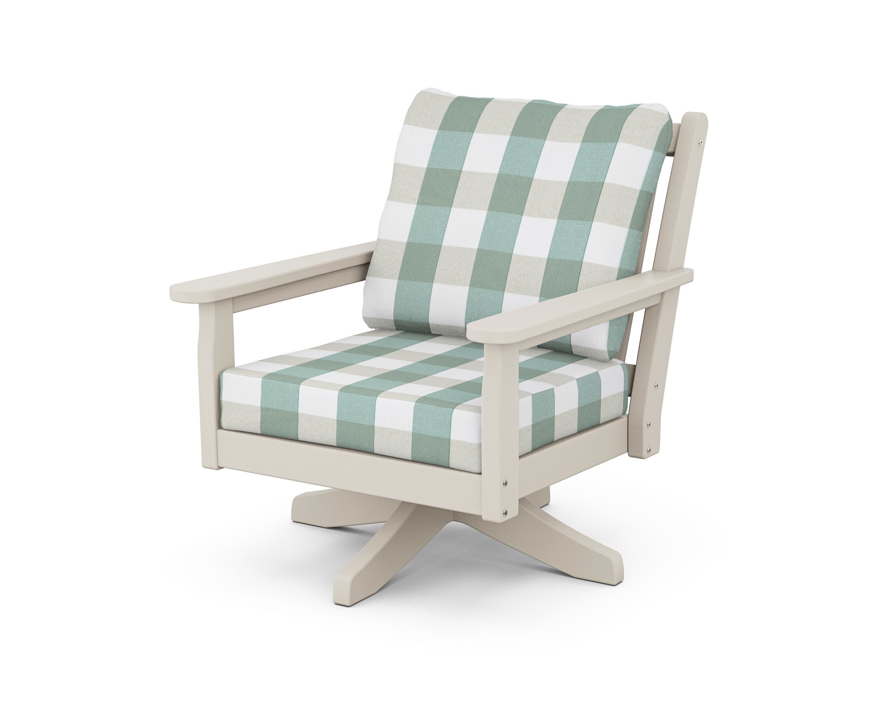 Chippendale Deep Seating Swivel Chair in Sand / Buffalo Plaid Glacier Spa