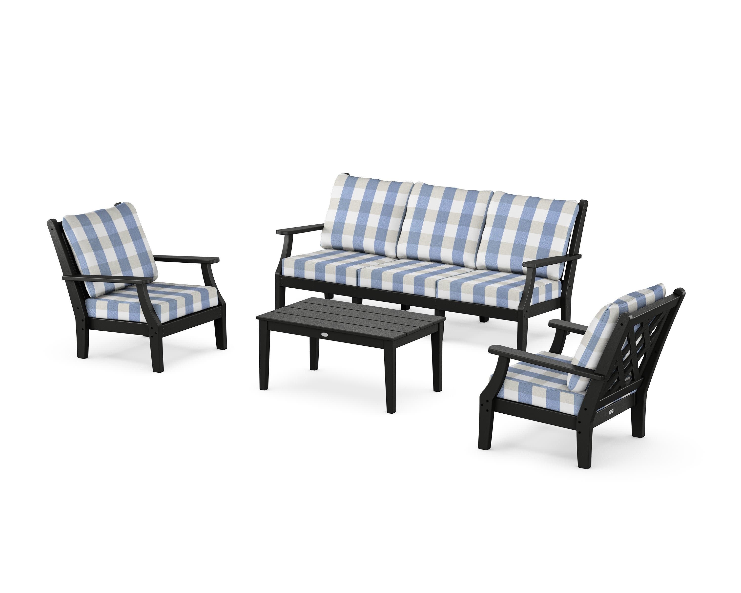 Wovendale 4-Piece Deep Seating Set with Sofa in Black / Buffalo Plaid Sky Blue