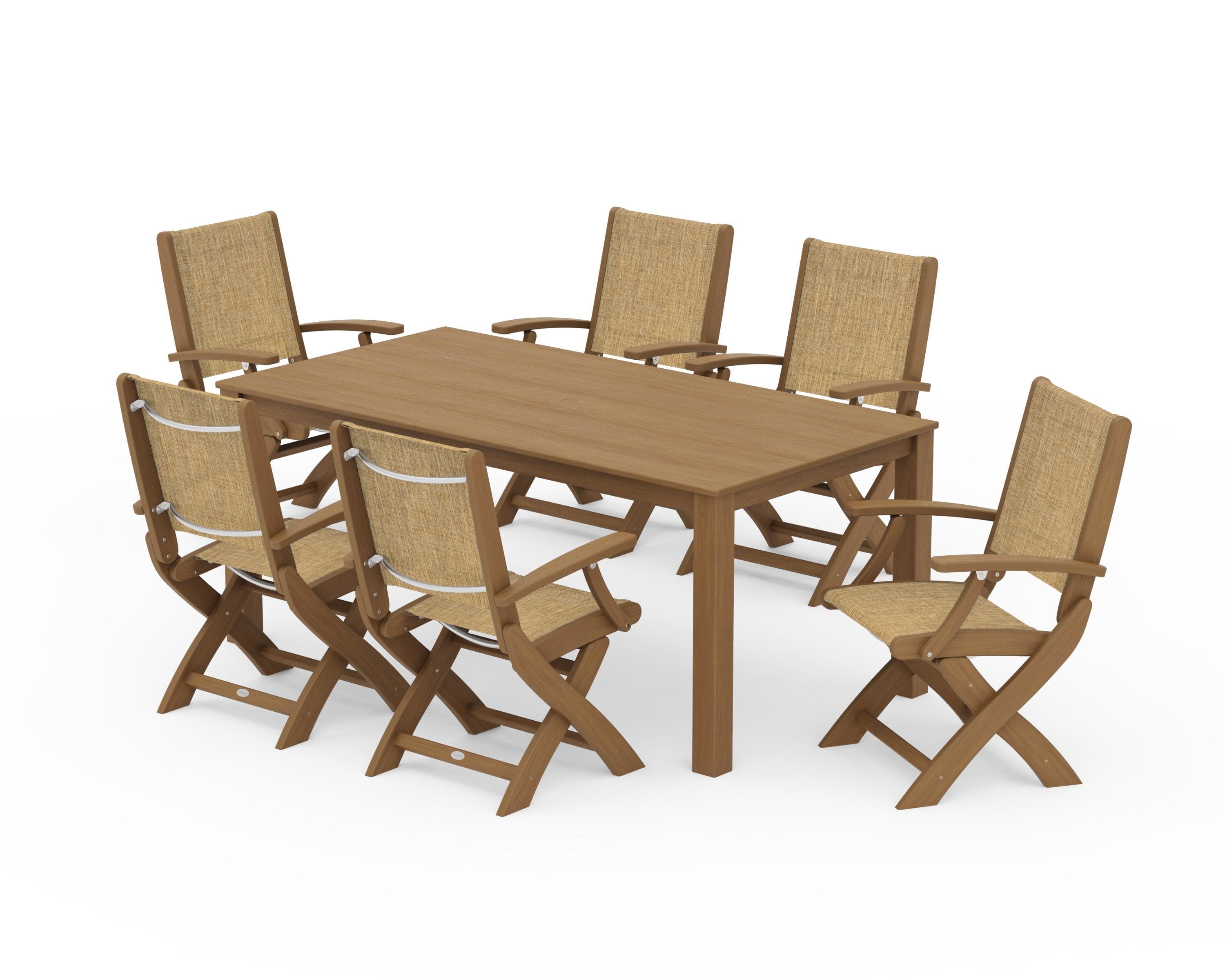 Coastal Folding Chair 7-Piece Parsons Dining Set in Natural / Burlap Sling
