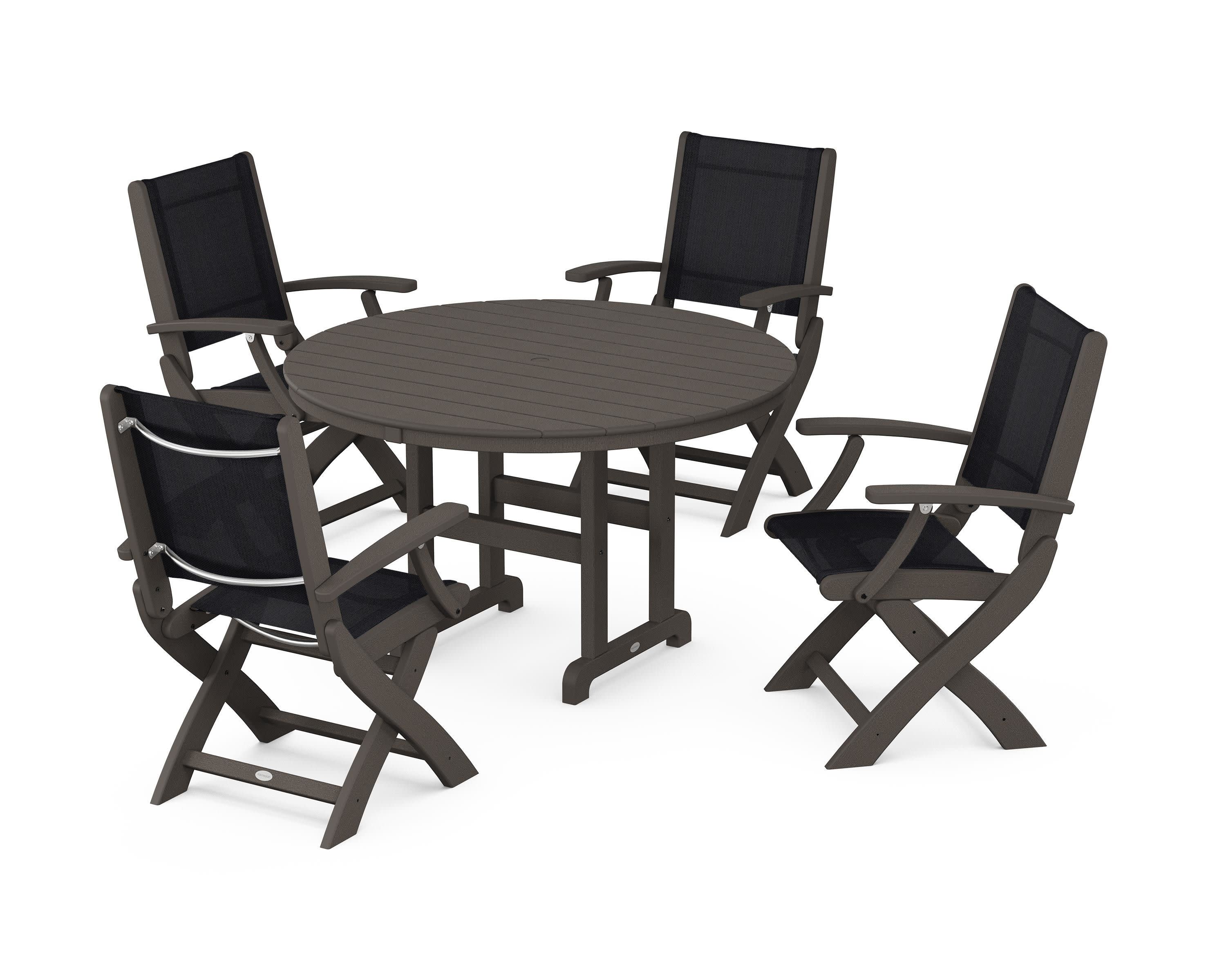 Coastal Folding Chair 5-Piece Round Dining Set in Vintage Coffee / Black Sling